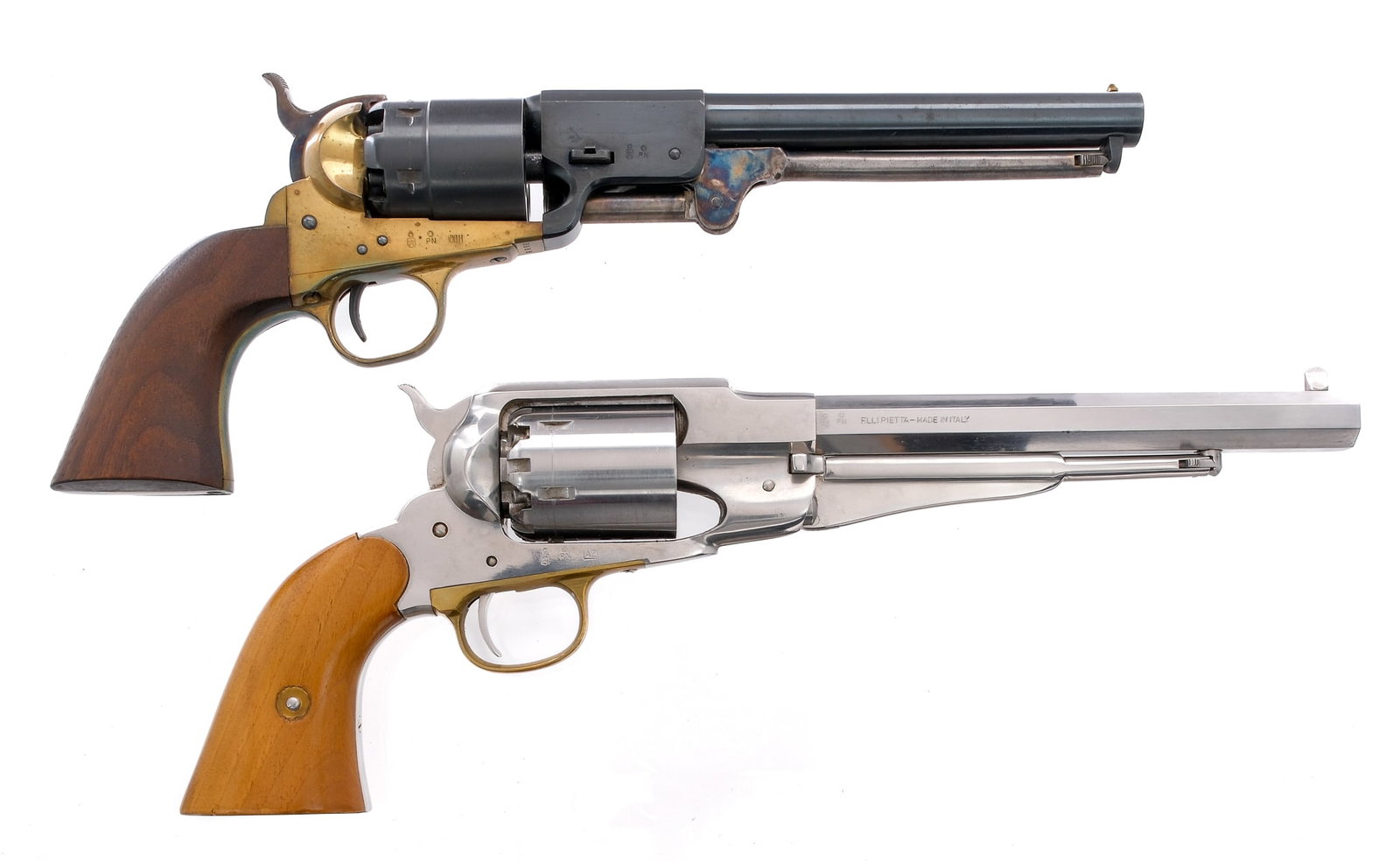 Uberti Colt Pietta Black Powder Lot 2 Pcs Revolver: Description Estate black powder revolver lot with two pieces. Uberti/Navy Arms reproduction of a Colt 1851 in .44 caliber with a six round capacity and a 7.5" round barrel. Smooth wood grip plates. Br
