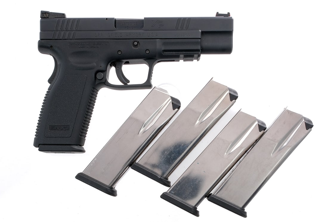 Springfield XD-45 Tactical .45 ACP Pistol: Description Springfield Armory model XD Tactical chambered in .45 ACP with a 4.75" barrel and 5, thirteen round magazines. Polymer frame wide stippling, front and rear checkering. Black metal finished