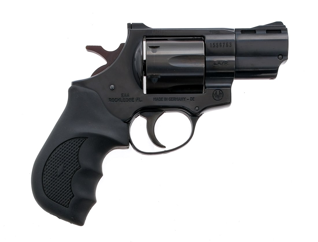 EAA Windicator .38 Spl DA Revolver: Description EAA "Windicator" double action revolver in .38 Special with a six round capacity and a 2.25" barrel. Checkered rubber grip. Blued frame, serrated trigger, checkered hammer, cylinder and ba