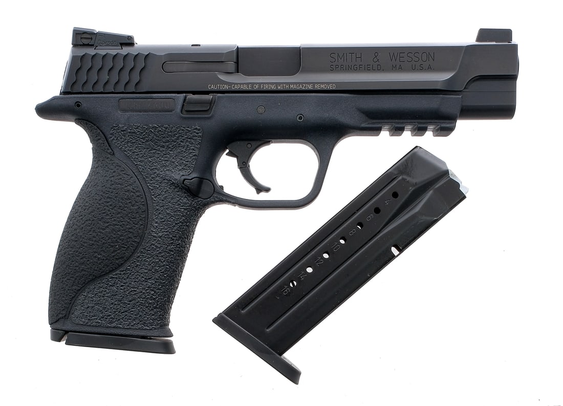 S&W M&P 9 Pro Series 9mm Semi Auto Pistol: Description Smith & Wesson M&P 9 Pro Series chambered in 9mm with two, seventeen round removable magazines and a 5" barrel. Textured polymer frame with interchangeable backstrap, push button mag relea