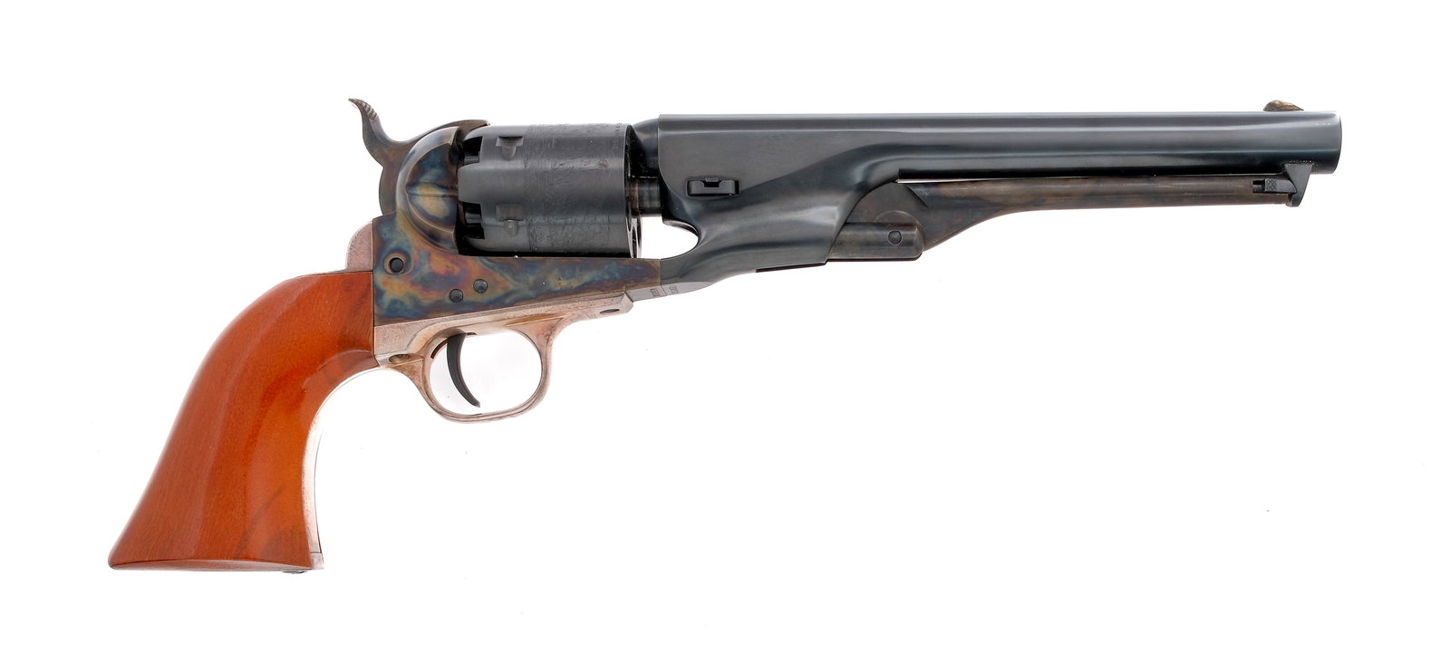 Colt 1861 Navy .36 BP Revolver: Description Colt 1861 Navy chambered in .36 caliber with a six-shot cylinder and a 7" barrel. Blued barrel, engraved receiver and single action trigger. Case colored rod, frame, and hammer. Rose tinte