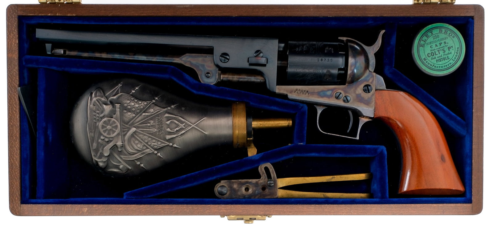 Cased Colt 1851 Navy 2nd Gen Re-Issue Revolver: Description Colt 1851 Navy 2nd generation Colt re-issue black powder percussion cap & ball revolver chambered in .36 caliber with 6-shot capacity. Blued octagonal barrel and Naval Engagement cylinder.
