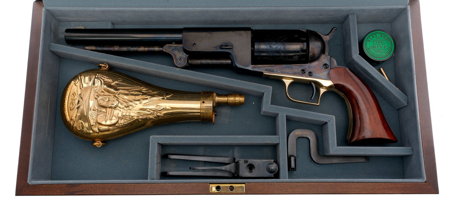 Colt 1st Model 1847 Dragoon .44 BP Revolver: Description Colt manufactured 1847 1st Model Dragoon 2nd generation chambered in .44 caliber, with a 9" barrel and a 6 shot capacity cylinder. Features case colored rod, frame, and hammer. Blued singl