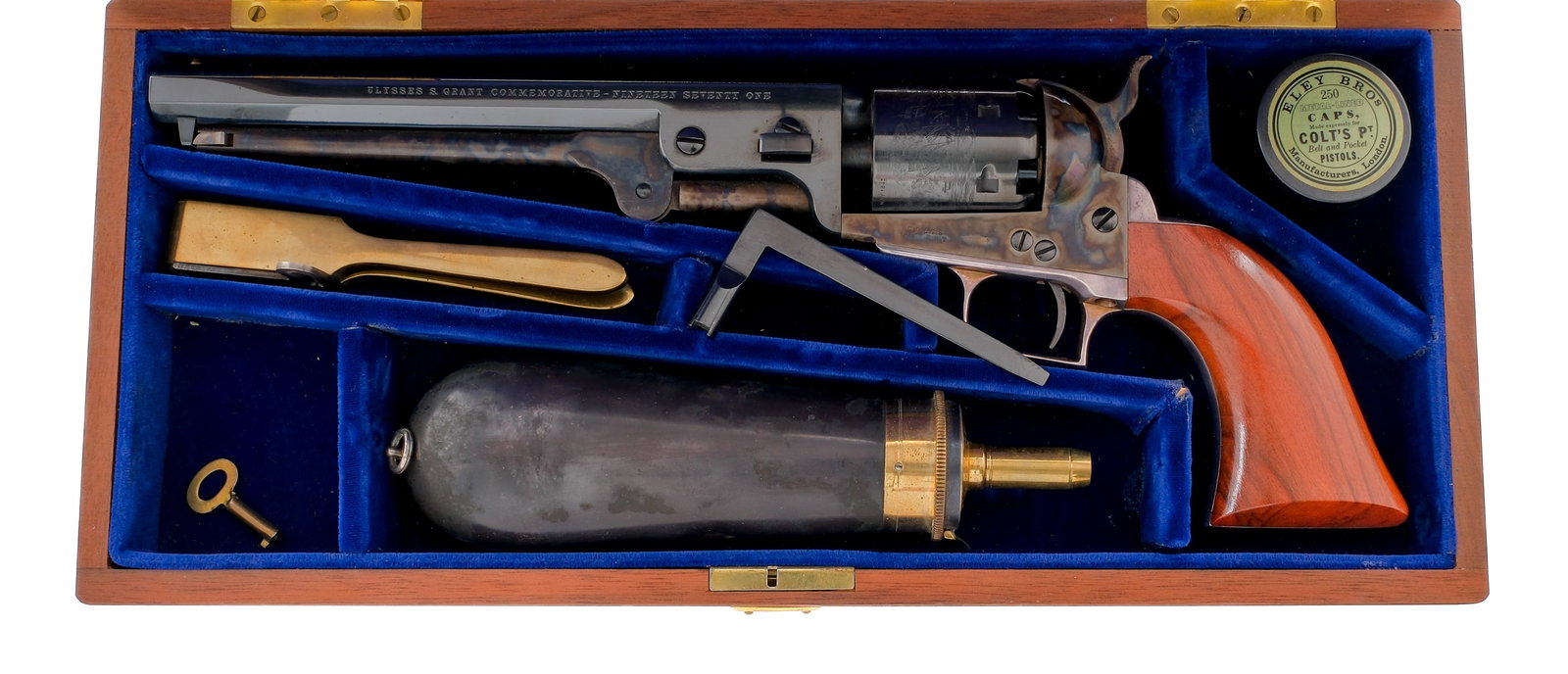 Colt 1851 Ulysses S. Grant Comm. BP Revolver: Description Colt 1851 Ulysses S. Grant Commemorative Percussion Revolver, chambered in .36 caliber with a 7.5" barrel and six shot capacity cylinder. Feature case colored frame, hammer, and plunger le