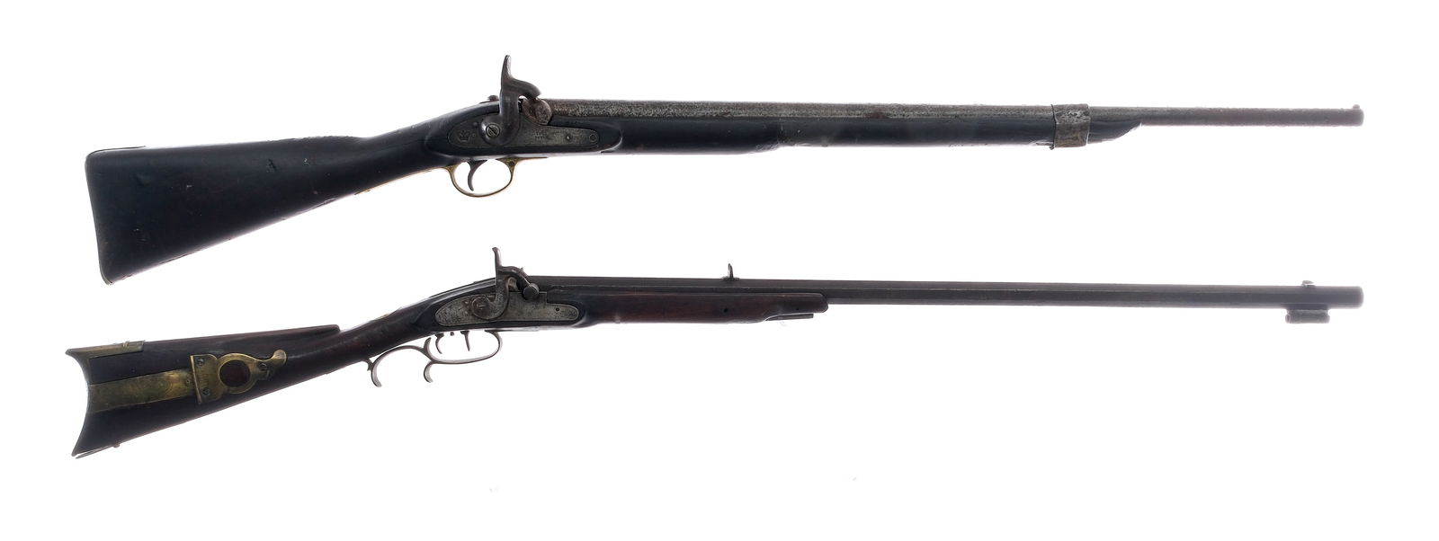 Tower / Goulcher Estate Percussion 2 Pc Lot Musket: Description Estate lot with two percussion cap & ball rifles. British Tower Model 1853 in .577 caliber with a single round capacity and a 30" barrel. Brass butt plate marked: 3 88. Smooth wood stock w