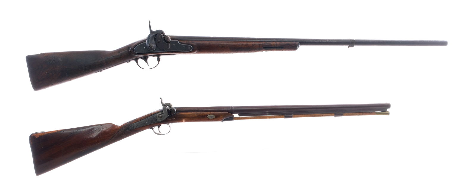 Remington / Antique Rifle Lot 2 Pcs Rifles: Description Estate Antique percussion rifle lot with two pieces. U.S. Remington 1857 (Sporterized) in .69 caliber with a single round capacity and a 34" barrel. Smooth wood stock. Blued trigger, lock
