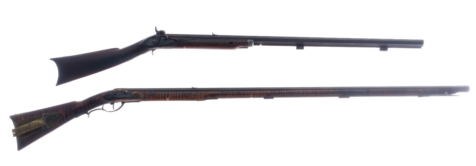 Estate Percussion Lot 2 Pcs Musket Rifle: Description Estate black powder percussion lot with two pieces. British Trade Musket measuring in at the bore 13.80mm with a single round capacity and a 44" octagon barrel. Brass butt plate with patch