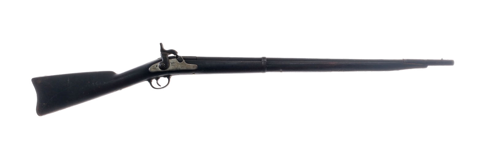 U.S. Springfield 1863 .45-70 Training Dummy Rifle: Description U.S. Springfield Model 1863 Training Dummy Rifle with a functioning lock and wooden barrel. The muzzle end has a 5.5" metal barrel piece over the wooden barrel. The piece is marked with Br