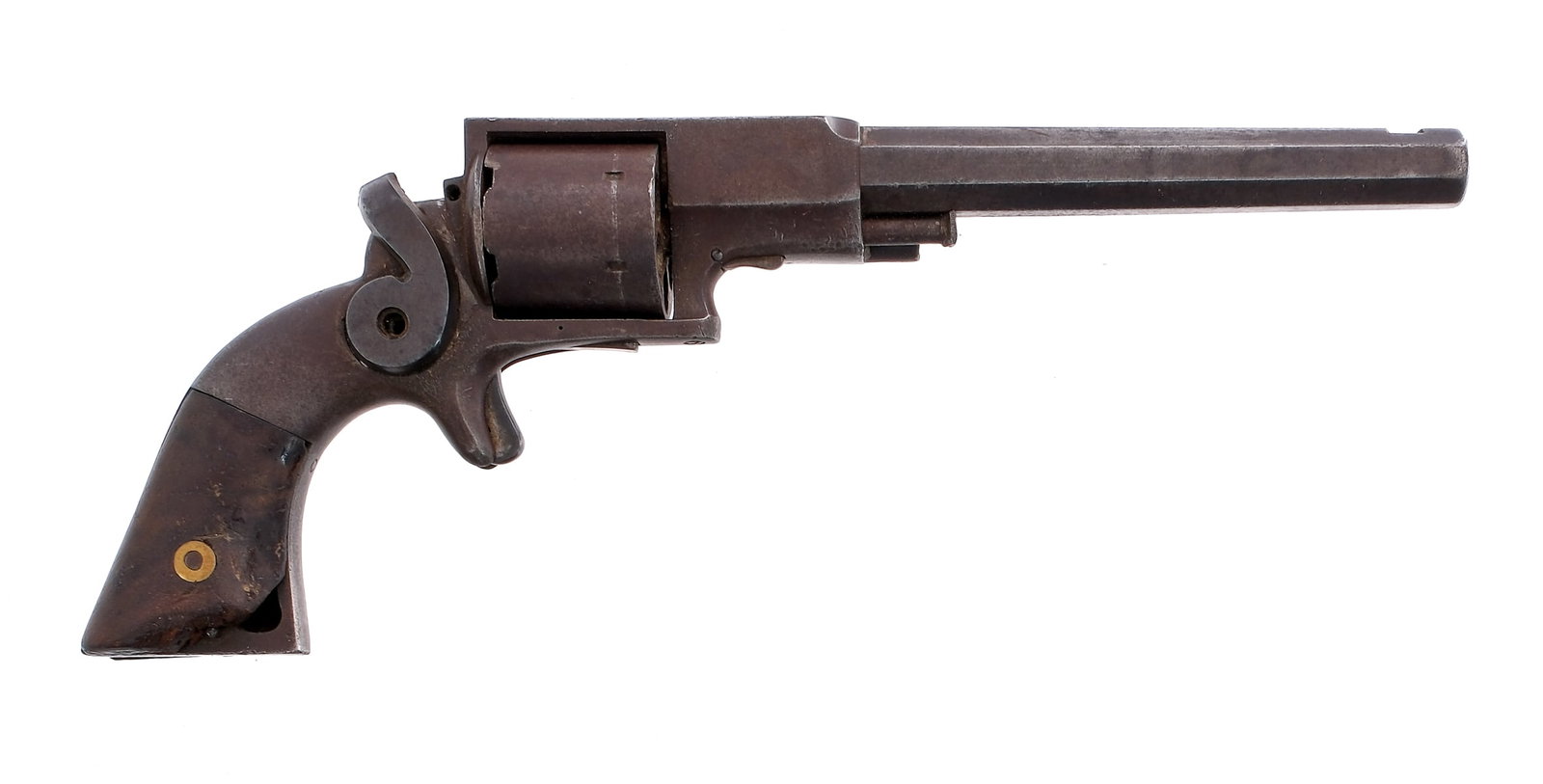 Allen & Wheelock Side Hammer .32 Lipfire Revolver: Description Allen & Wheelock Side Hammer revolver in .32 Lipfire with a six round capacity and a 5.75" octagon barrel. Smooth wood grip plates. Finish worn frame, solid trigger, hammer, cylinder and b