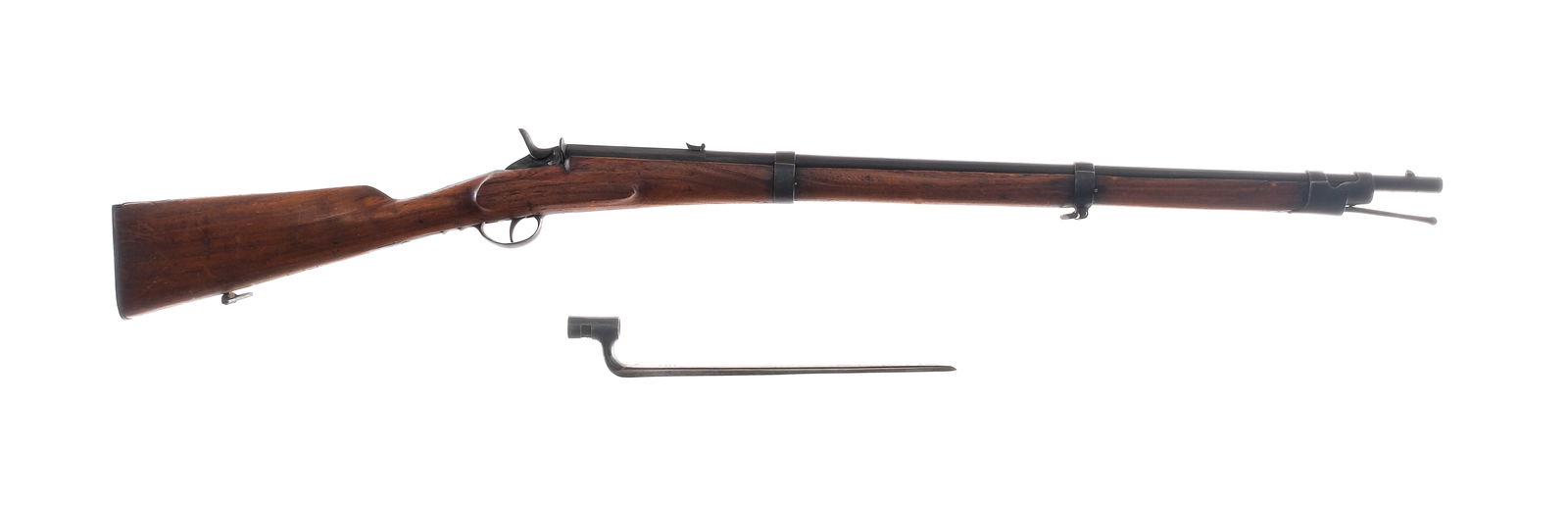 Belgian Cadet / Boys Rifle 8mm Flobert Rifle: Description Belgian Cadet/Boys Training Rifle in 8mm Flobert with a single round capacity and a 26" barrel with removable bayonet. Metal butt plate. Smooth wood stock and front forend. Finish worn blu
