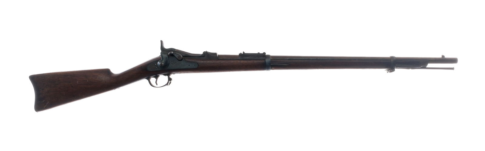 US Springfield 1873 Trapdoor .45-70 Govt Rifle: Description U.S. Springfield Model 1873 in .45-70 Government with a single round capacity and a 26.5" barrel. Metal butt plate. Smooth wood stock and front forend. Blued trigger guard, serrated trigge