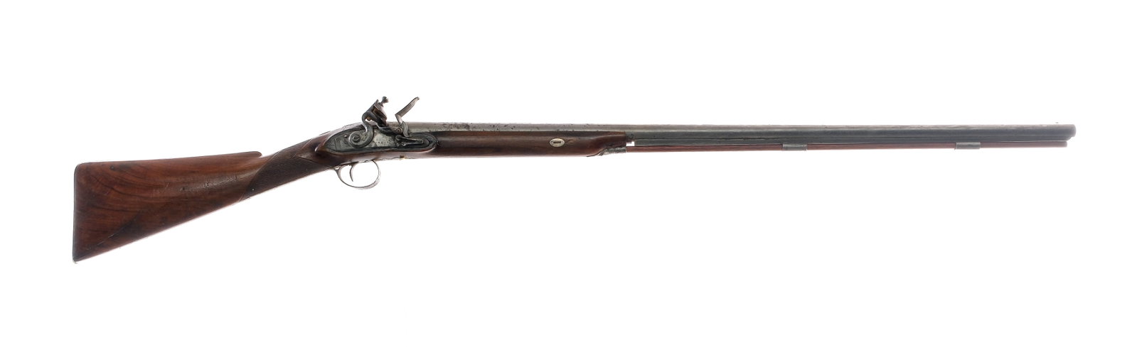 W. Smart Flintlock Musket Rifle: Description W. Smart flintlock muzzle loader measuring in at the bore 15.60mm with a single round capacity and a 34" barrel. Engraved wood half stock. Engraved trigger guard, trigger, lock plate, hamm