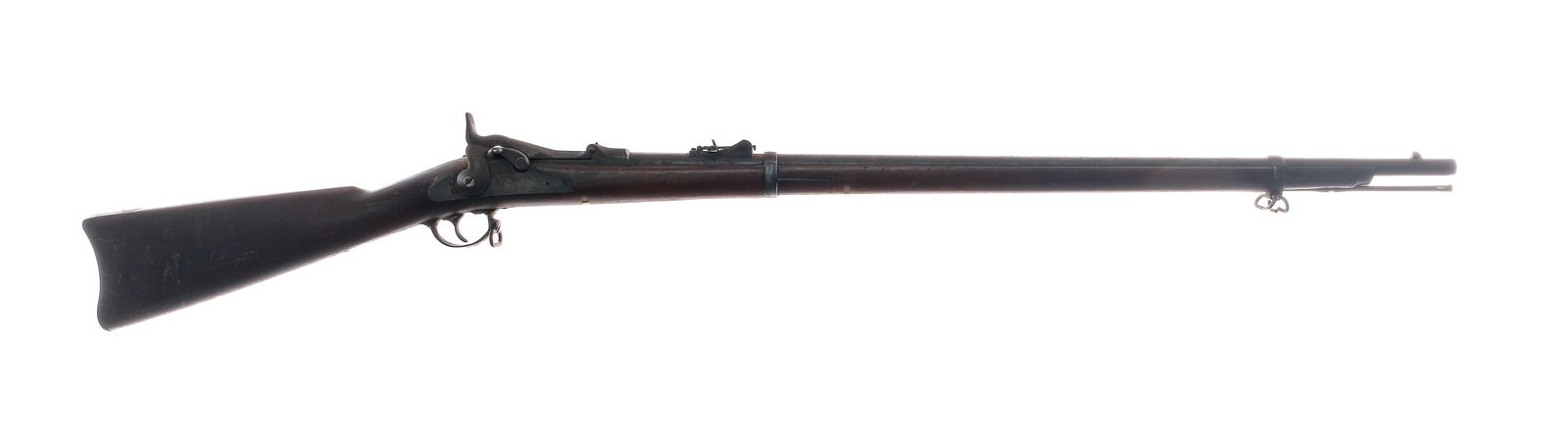 U.S. Springfield 1873 .45-70 Trapdoor Rifle: Description U.S. Springfield Model 1873 in .45-70 Government with a single round capacity and a 32.5" barrel. U.S. marked metal butt plate. Smooth full length wood stock. Finish worn, trigger guard, t