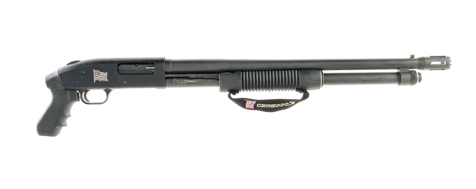 Mossberg 590 Cruiser 12Ga Pump Shotgun: Description Mossberg 590 Cruiser chambered in 12 gauge with a five round capacity and a 22.5" stand-off barrel chambered for 2 3/4 and 3 inch shells. Composite pistol grip stock and front serrated for