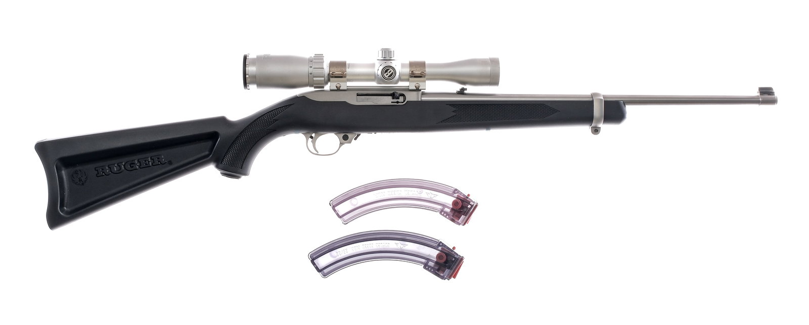 Ruger 10/22 Carbine .22 LR Semi Auto Rifle: Description Ruger 10/22 Carbine in .22 Long Rifle with three removable magazines and a 18.5" barrel. Checkered composite stock. Matte silver finished trigger guard and trigger. Blued charging handle.