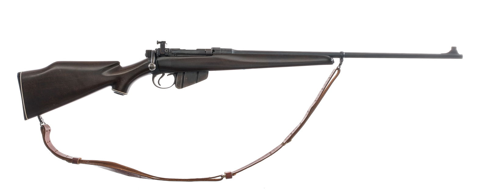 Sporterized Enfield SHTLE III .303 Brit Rifle: Description Sporterized Enfield SHTLE III chambered in .303 British with one, ten round removable magazine and a 25 1/4" barrel. Blued barrel, receiver, trigger, and trigger guard. Push to fire safety
