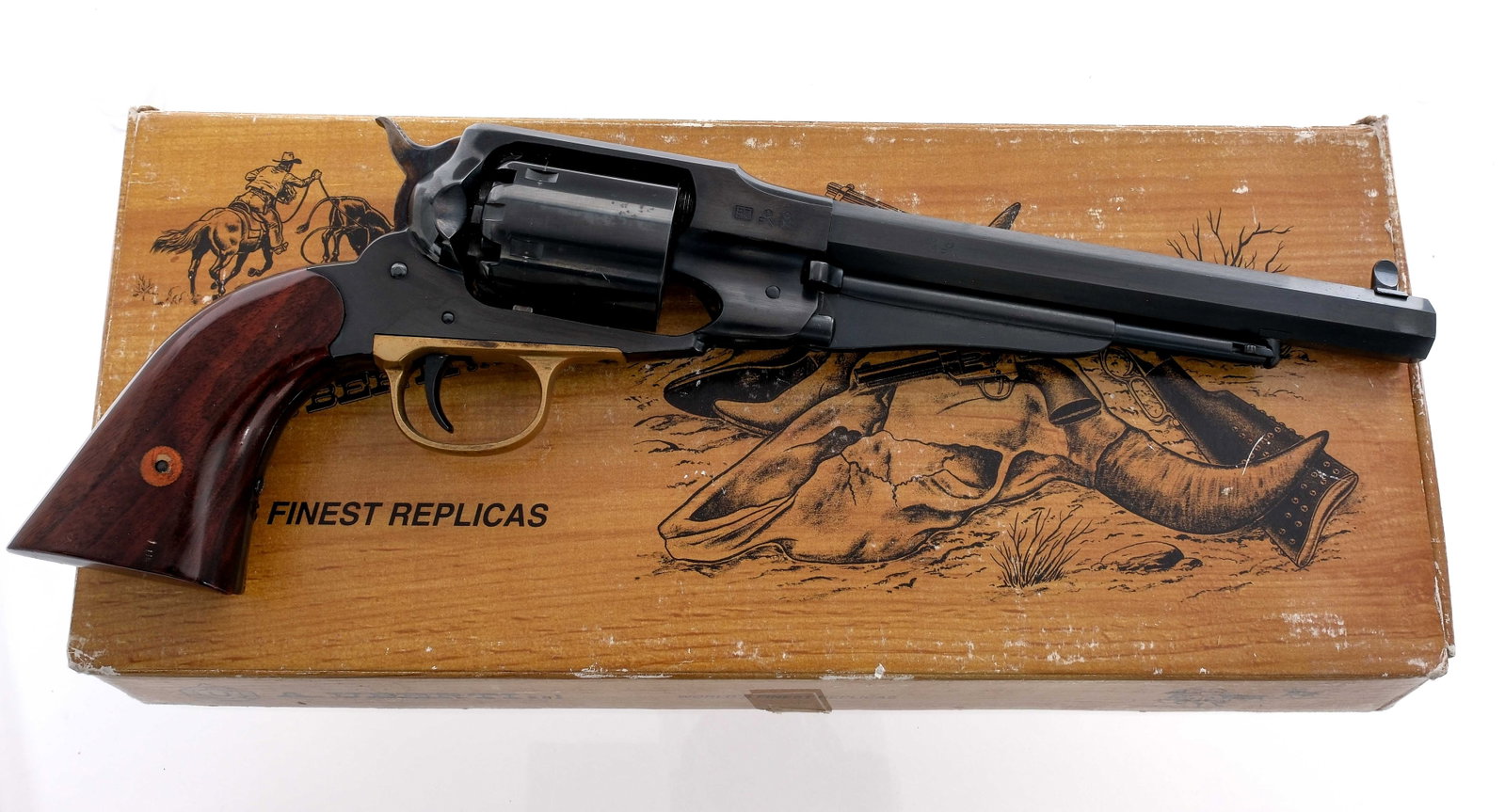 Uberti 1858 New Army .44 Cal BP Revolver: Description Uberti 1858 Army chambered in .44 caliber with a six-shot cylinder and a 8" octagonal barrel. Manufactured in 2003 with a "BT" date code. Blued barrel, rod, frame, unfluted cylinder, and s