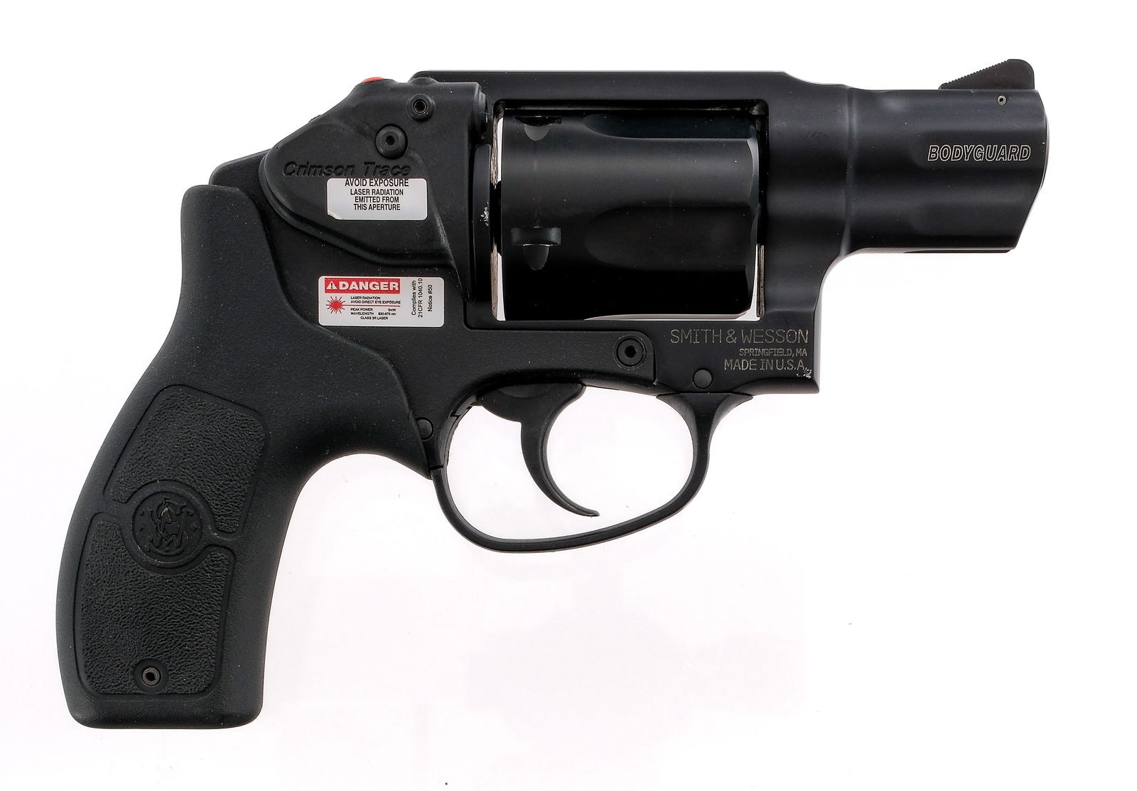 S&W Bodyguard Crimson Trace .38Spl +P Revolver: Description Smith & Wesson Bodyguard chambered in .38 special +P with a five-shot cylinder and a 2" stainless steel snub nose barrel. Black finished aluminum alloy frame. Black PVD coated stainless st