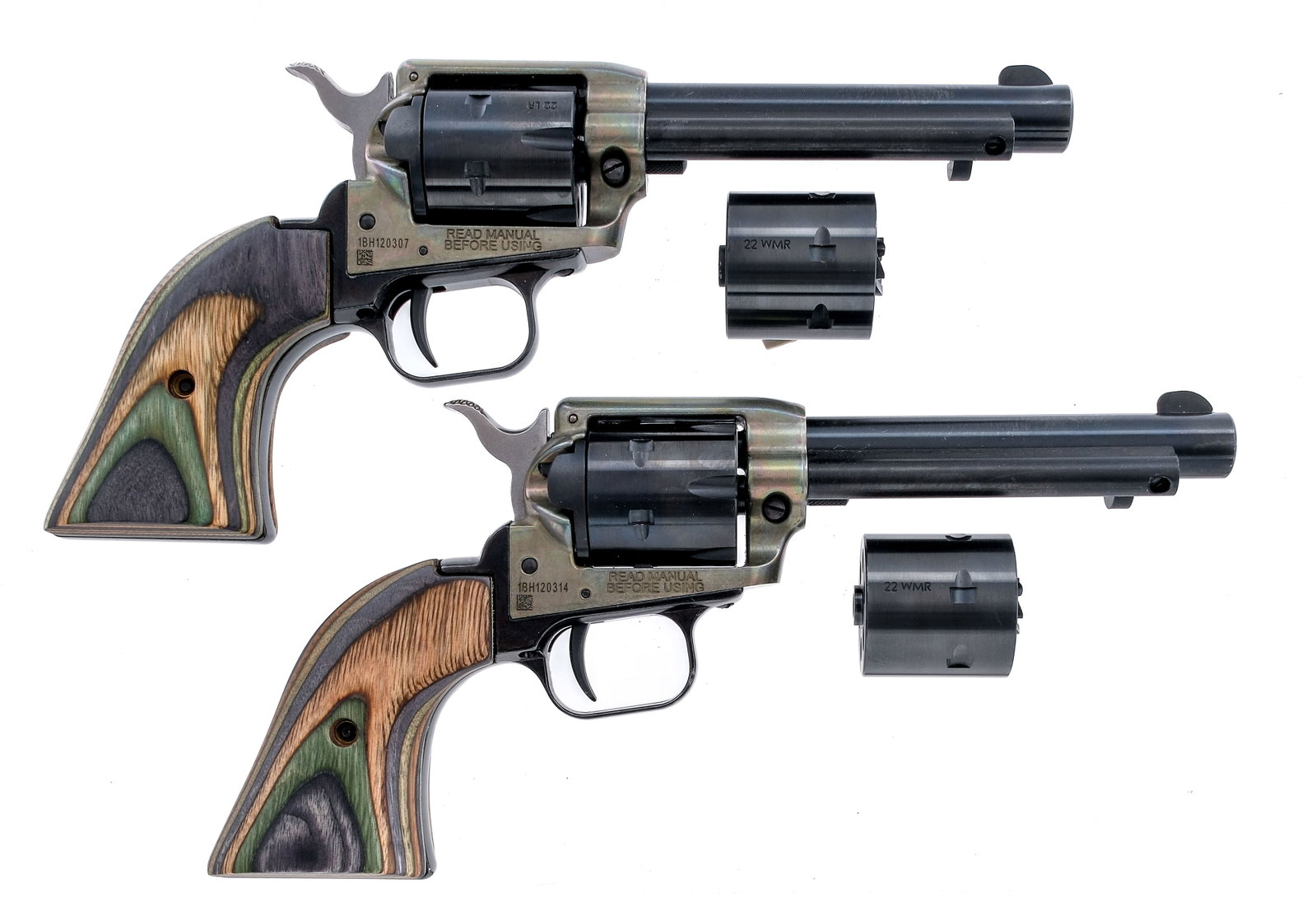 Heritage Rough Rider .22LR/MAG Lot 2Pcs Revolver: Description This lot is for two Heritage Rough riders, both are chambered for .22 long rifle and .22 magnum, both feature 4.75" barrels. Both come with a six shot fluted .22 LR cylinder and a non flut