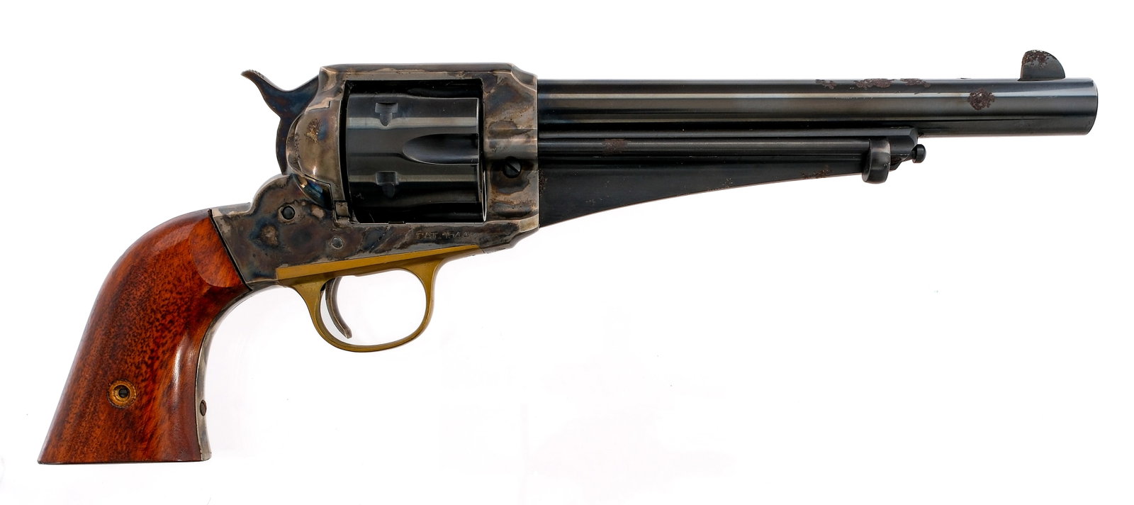 Uberti 1875 Outlaw .45 Colt Single Action Revolver: Description Uberti 1875 Outlaw chambered in .45 Colt with a six-shot cylinder and a 7.5" barrel. Blued barrel, rod, and fluted cylinder. Case colored frame, single action trigger, and hammer. Brass tr