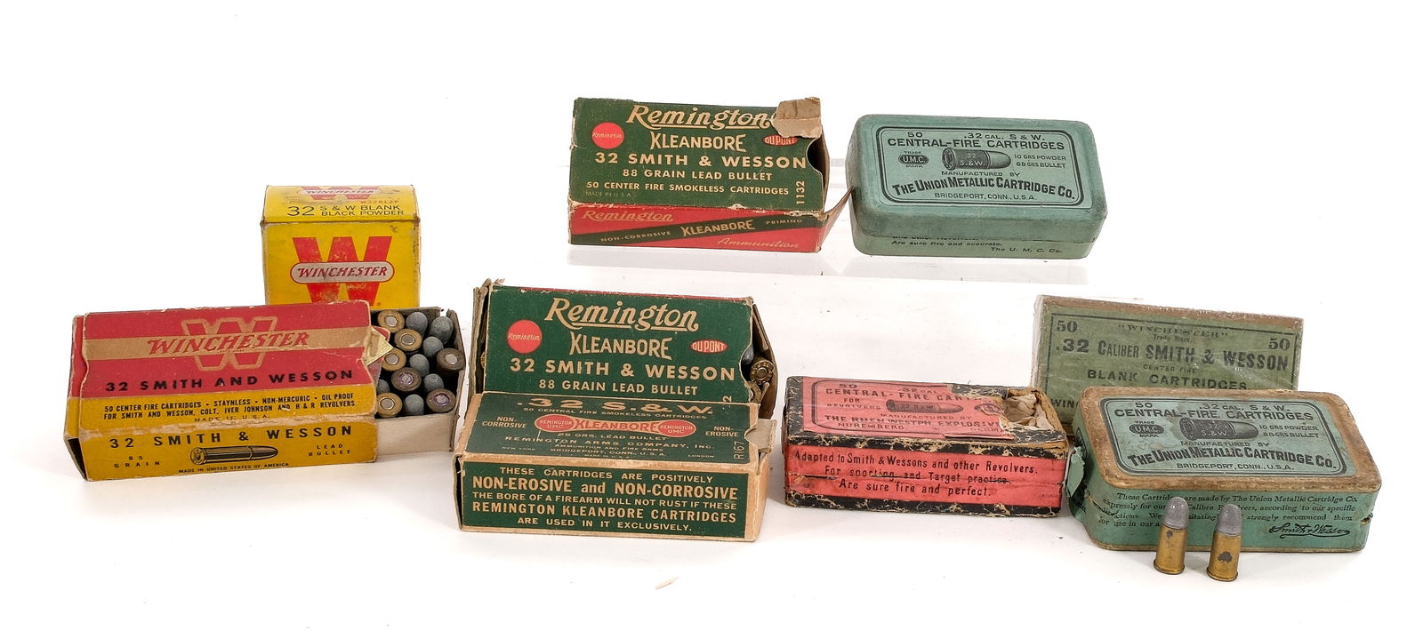 Vintage .32 Smith & Wesson Ammo Lot: Description This lot is for some full and some partial boxes of vintage .32 S&W ammo. One full 50 round box of Winchester 85 grain. One full box of 50 rounds of Remington Kleanbore 88 grain. One full