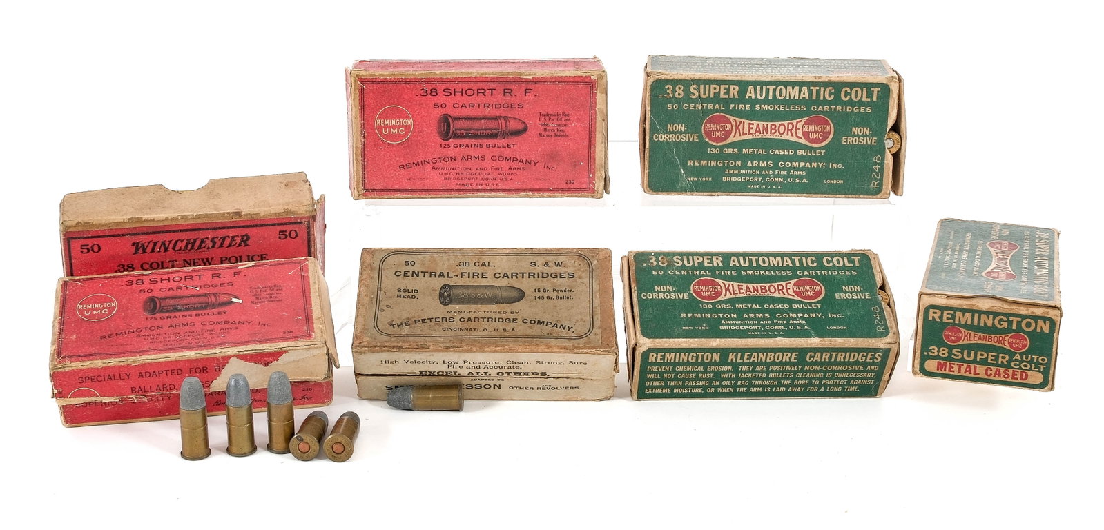 Estate .38 7 Pcs Lot Vintage Ammunition: Description Estate lot with seven assorted boxes of .38 caliber unfired vintage ammunition. Three full boxes of Remington UMC 130 Grain jacketed metal cased non-corrosive with one hundred fifty unfire