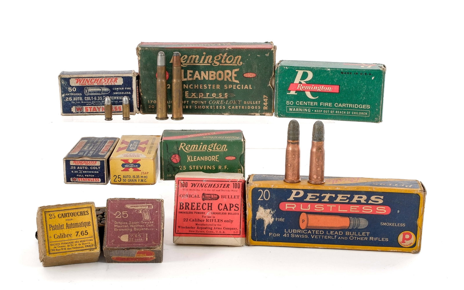 Winchester, Remington, Misc Ammo Lot .25, 32: Description This lot is for miscellaneous vintage ammunition. First is ammo is as follows, two 50 round boxes of Winchester Staynless .25 ACP, one 25 round box of Societe Francaise Des Munitions, Fren