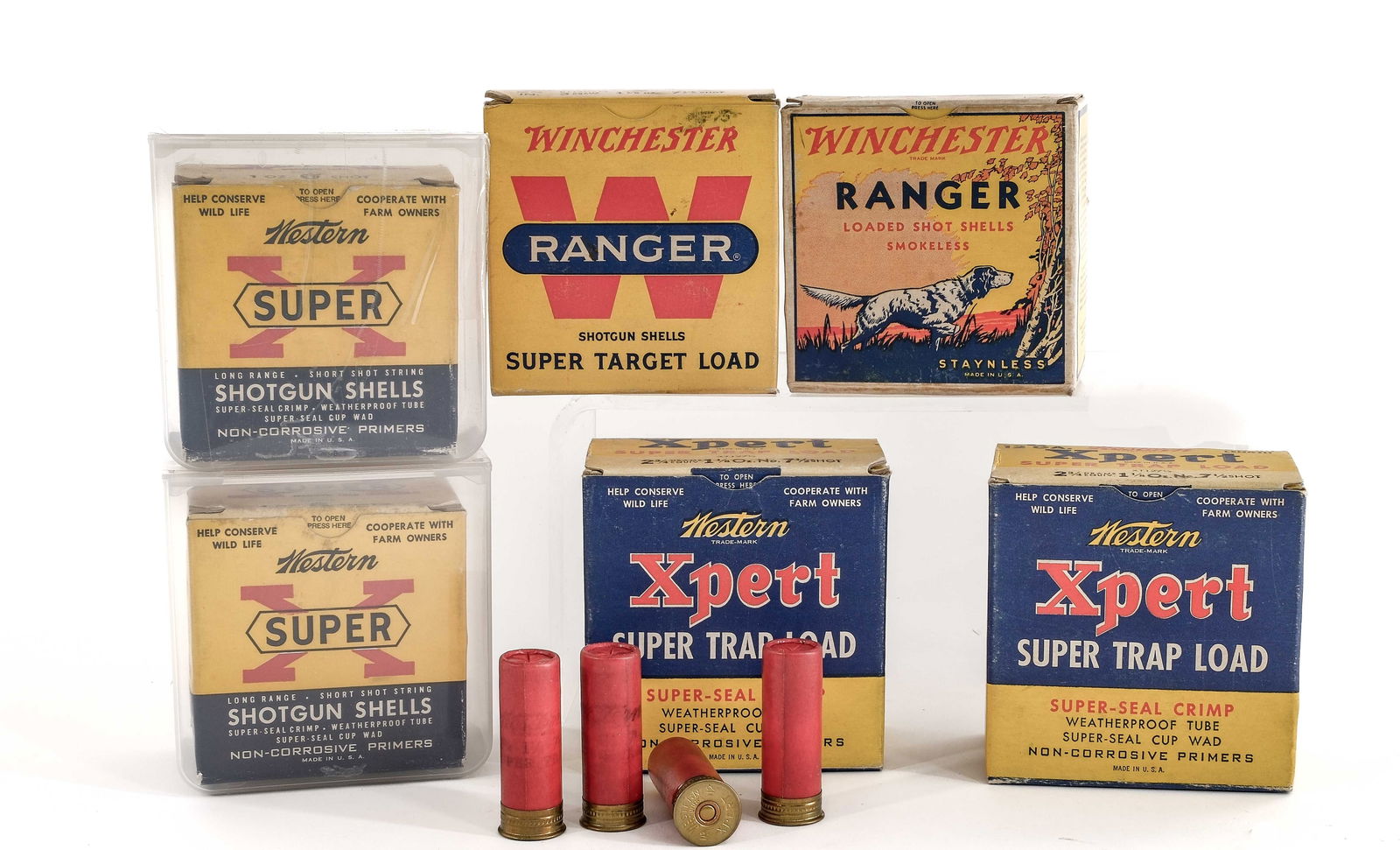 Winchester/Western Vintage Shotgun Ammo 12/20Ga: Description This lot is for vintage 12 and 20 gauge shotgun shells and boxes. First is two full 25 shell boxes of Western Super X 20 gauge 2 3/4" shells. One full 25 shell box and one partial box (10/
