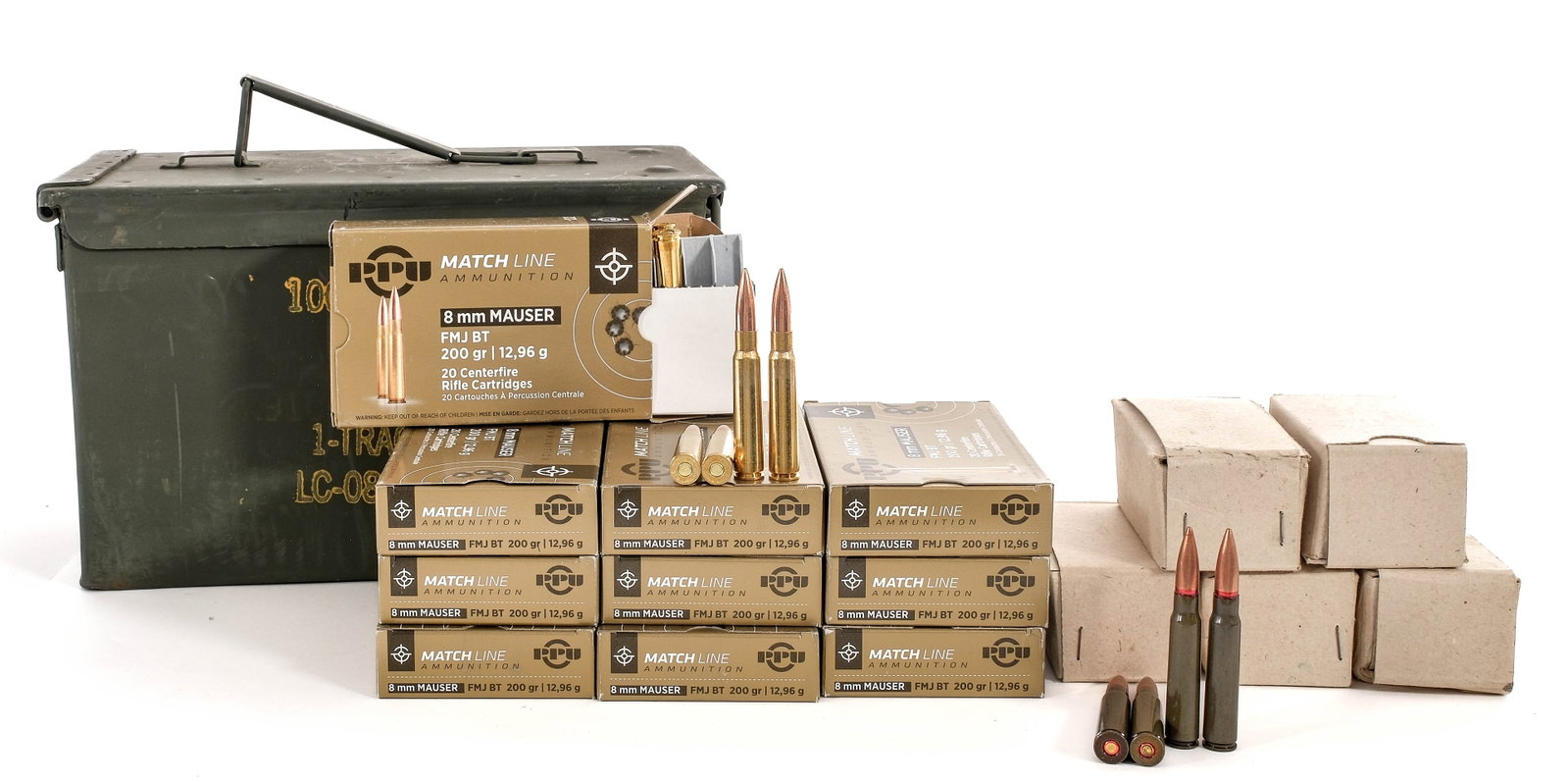 PPU Match/Romanian Surplus 8mm Mauser Ammo 300Rds: Description This lot is for new and surplus 8mm Mauser (7.92x57mm) ammunition. First is ten, twenty round boxes of Privi Partizan match grade 200 grain FMJ BT rounds with brass casing. Next is five, t