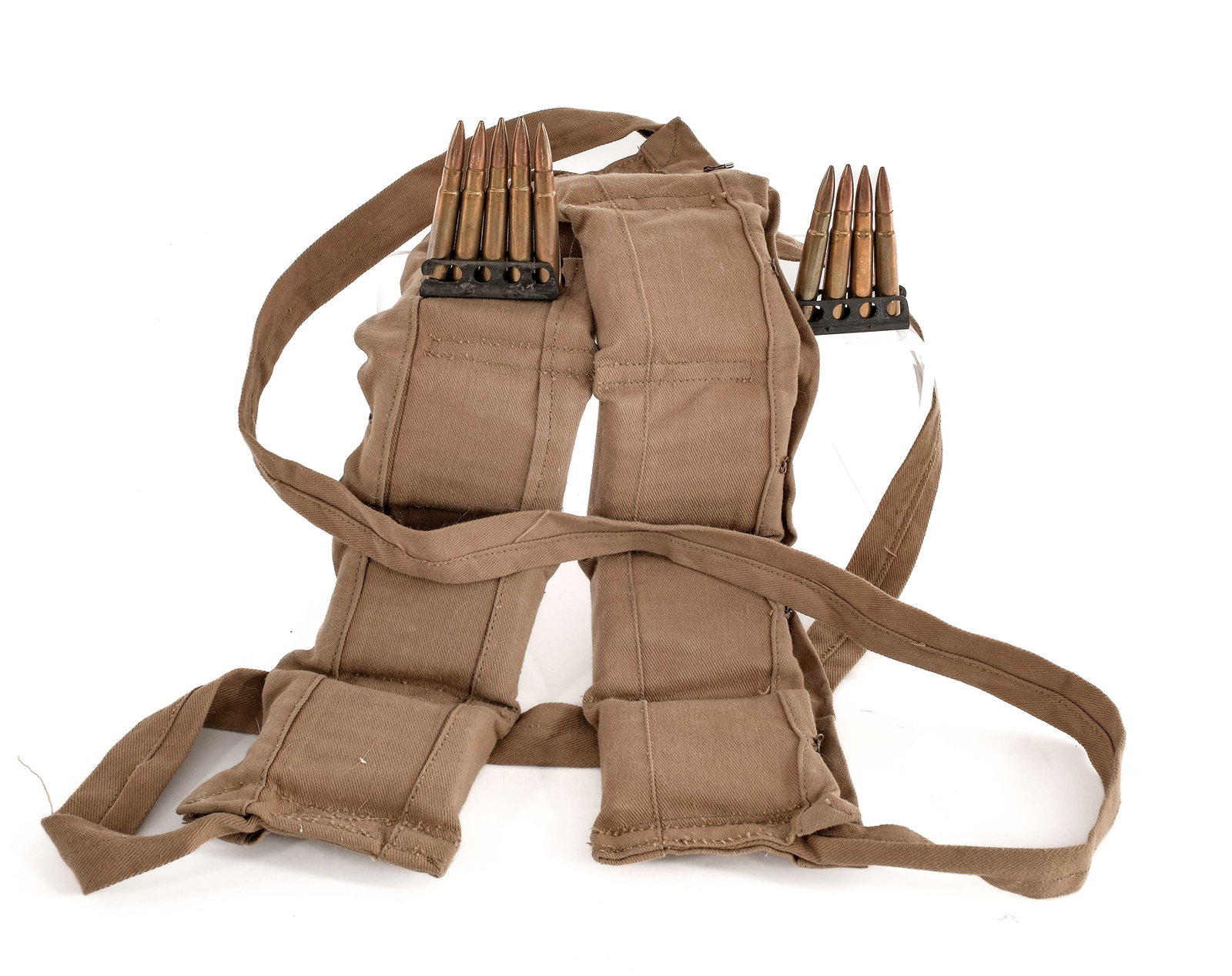 WW2 Era .303 Brit Ammo, Clips, and Bandoliers: Description This lot is for two bandoliers with .303 British ammunition on Enfield stripper clips. Both bandoliers are five pouch, one is marked "RG26-4-50B" and the other is marked M & S LRD 3 12 194