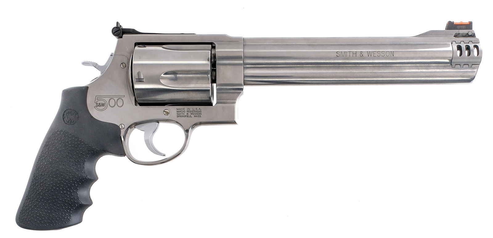 Smith & Wesson .500 Magnum Revolver: Description Smith & Wesson 500 chambered in .500 S&W Magnum with a five-shot cylinder and a 8.375" barrel with installed compensator. Stainless barrel, frame, fluted cylinder, and controls. Black text