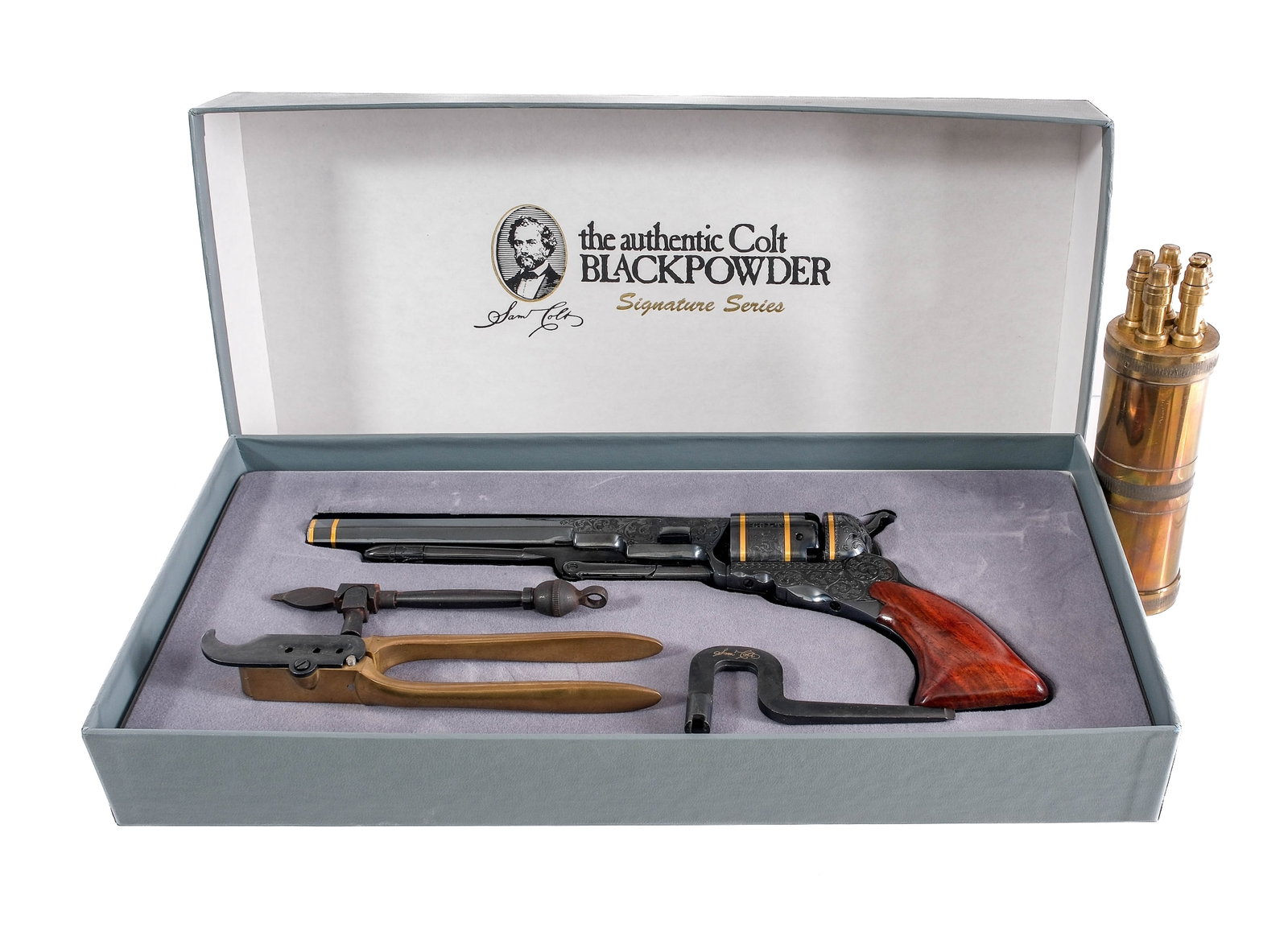 Engraved Colt Patterson 3rd Gen .36 Cal Revolver: Description Limited Colt/Patent Firearms Co. Black Powder Series Patterson 3rd Gen chambered in .36 caliber with a six-shot cylinder and a 7.5" octagonal barrel. Number 037 with glossy blue finish and