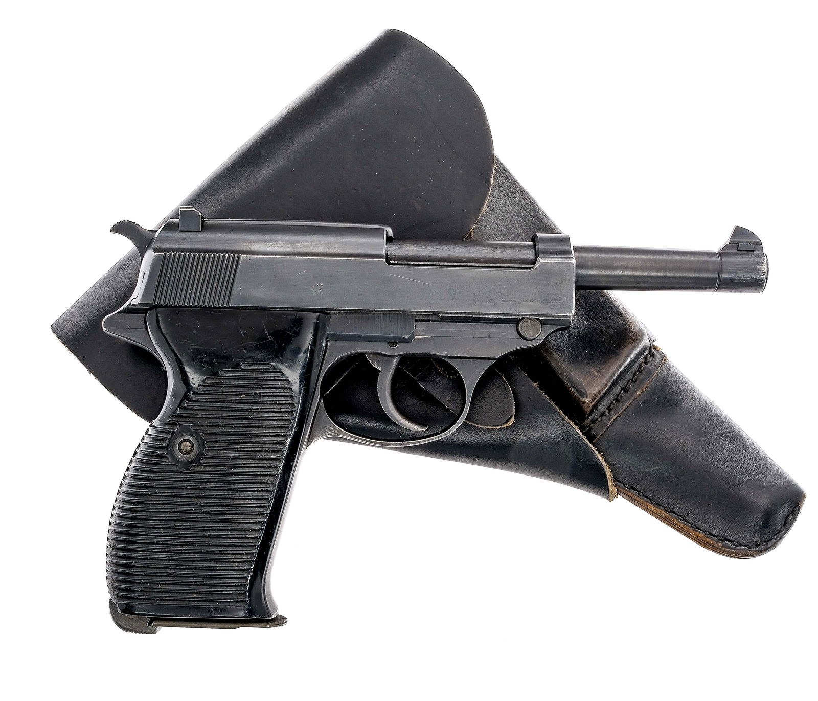 Mauser P38 9mm Semi Auto Pistol: Description Mauser P38 Post-War French in 9mm with one, eight round removable magazine and a 5" barrel. Import marked on the underside rail of the slide by Interarms Alexandria VA. Serrated composite
