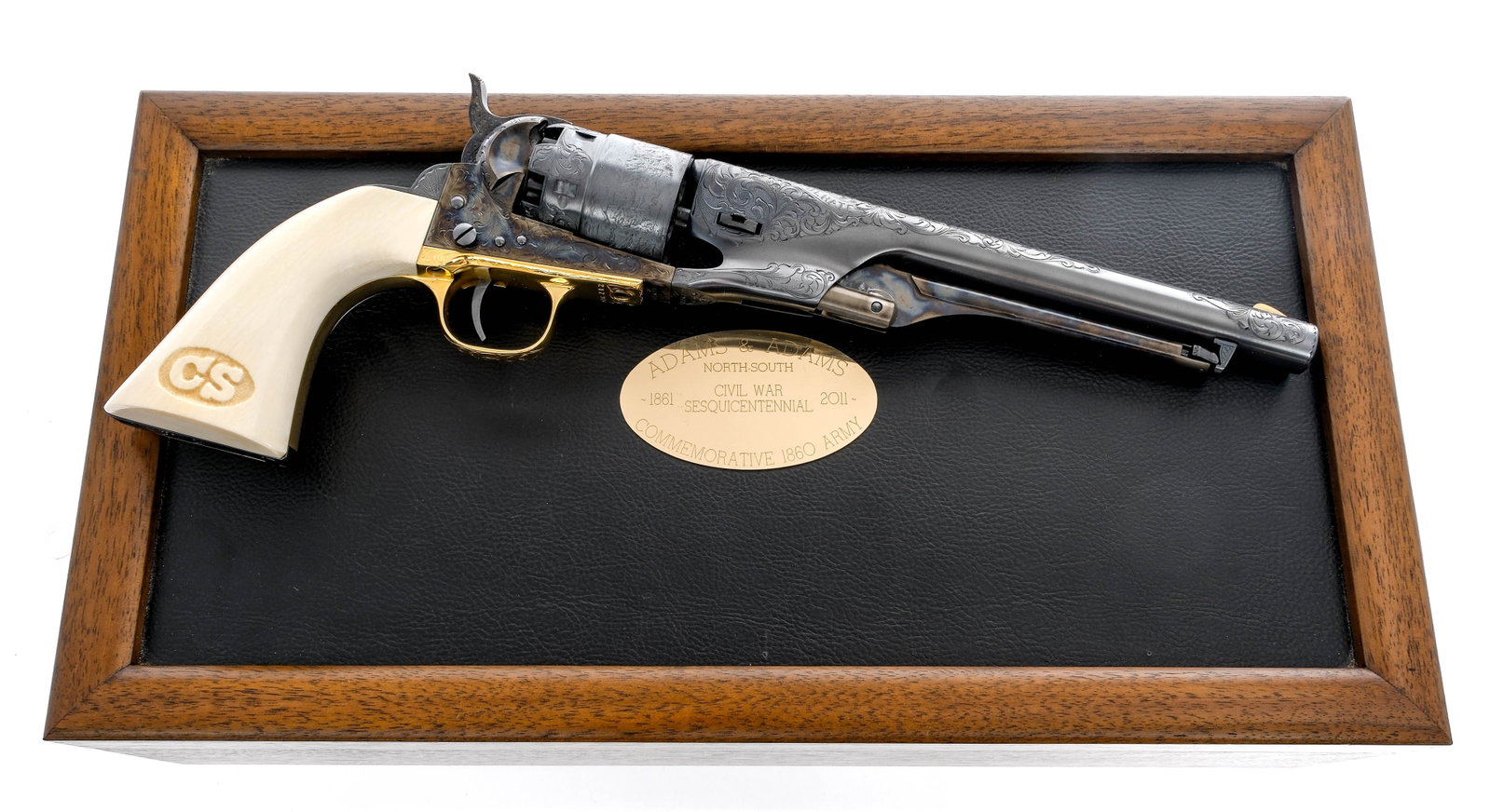 Adams & Adams 1860 Army .44 Revolver: Description Adams & Adams North-South 1861-2011 Civil War Sesquicentennial Commemorative 1860 Army in .44 caliber with a six round capacity and a 8" barrel. Natural white grip plates. Real 24kt gold t