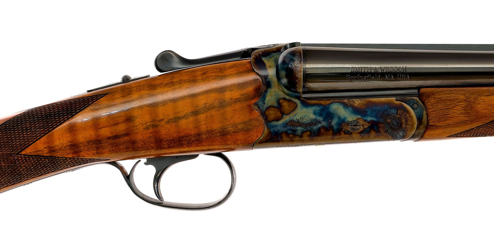 S&W Elite Gold Grade 1 20Ga SxS Shotgun: Description Smith & Wesson Elite Gold Grade 1 in 20 gauge 3" with a two round capacity and a 28" side by side top ribbed barrel. Checkered straight English Premium figured wood stock and front forend.