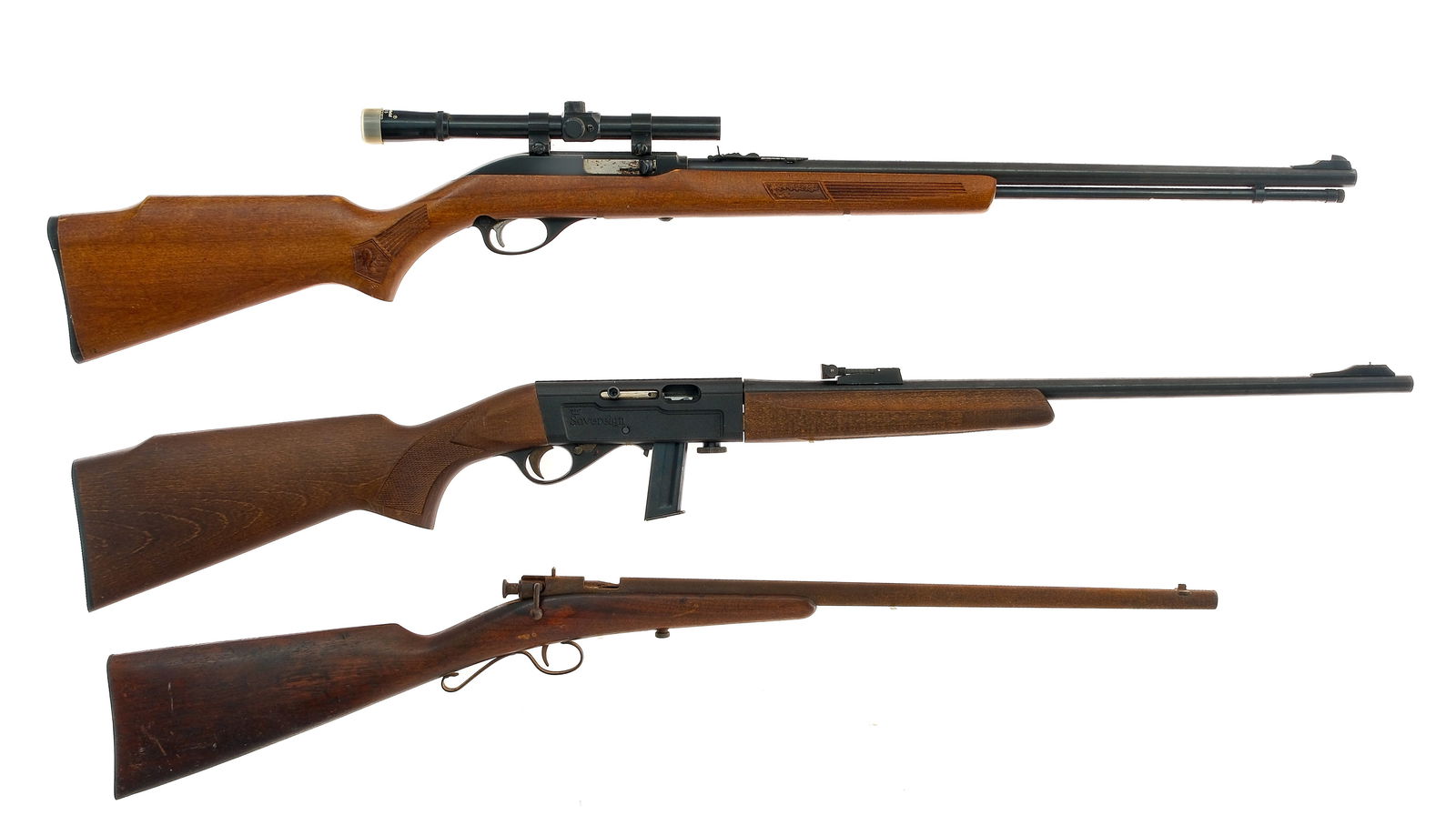 Estate Rifle Lot 3 Pcs Rifles: Description Estate found rifles with three pieces. Savage Arms Model 1904 in .22 Short, Long or Long Rifle with a single round capacity and a 18" barrel. Smooth wood stock. Finish worn receiver and ba