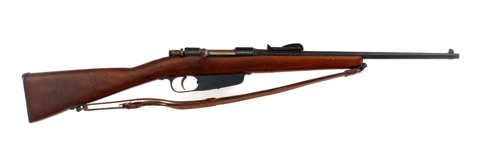 Carcano M91/38 6.5x52mm Bolt Action Rifle: Description Italian Carcano Terni Arsenal Model 91/38 Sporterized in 6.5x52mm with a six round capacity and a 20" barrel. Metal butt plate. Smooth wood stock and front forend. Blued trigger guard, rec