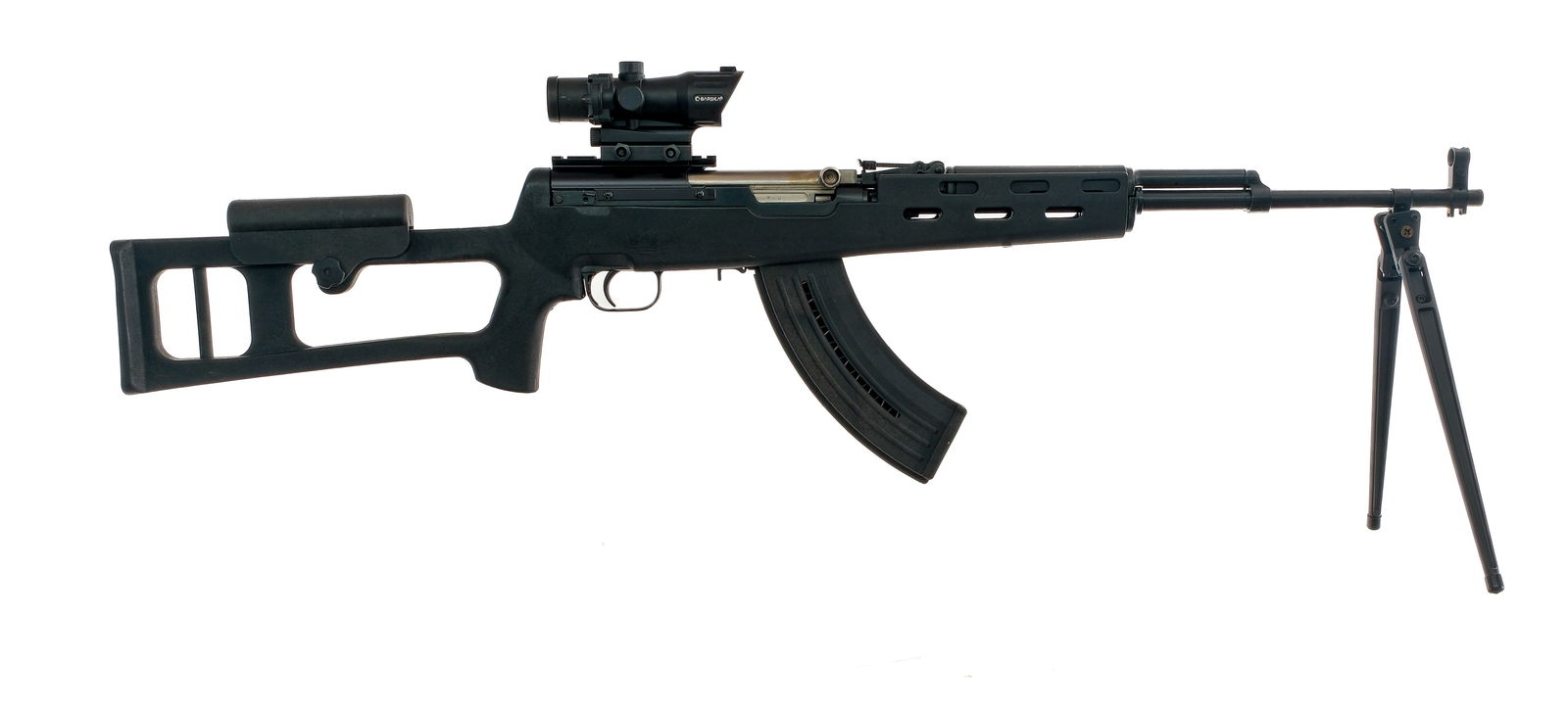 Russian SKS-45 7.62x39mm Semi Auto Rifle: Description Russian Tula Arsenal SKS-45 in 7.62x39mm with one, twenty five round aftermarket magazine and a 21" barrel. Aftermarket composite butt stock with adjustable cheek rest. Blued trigger guard