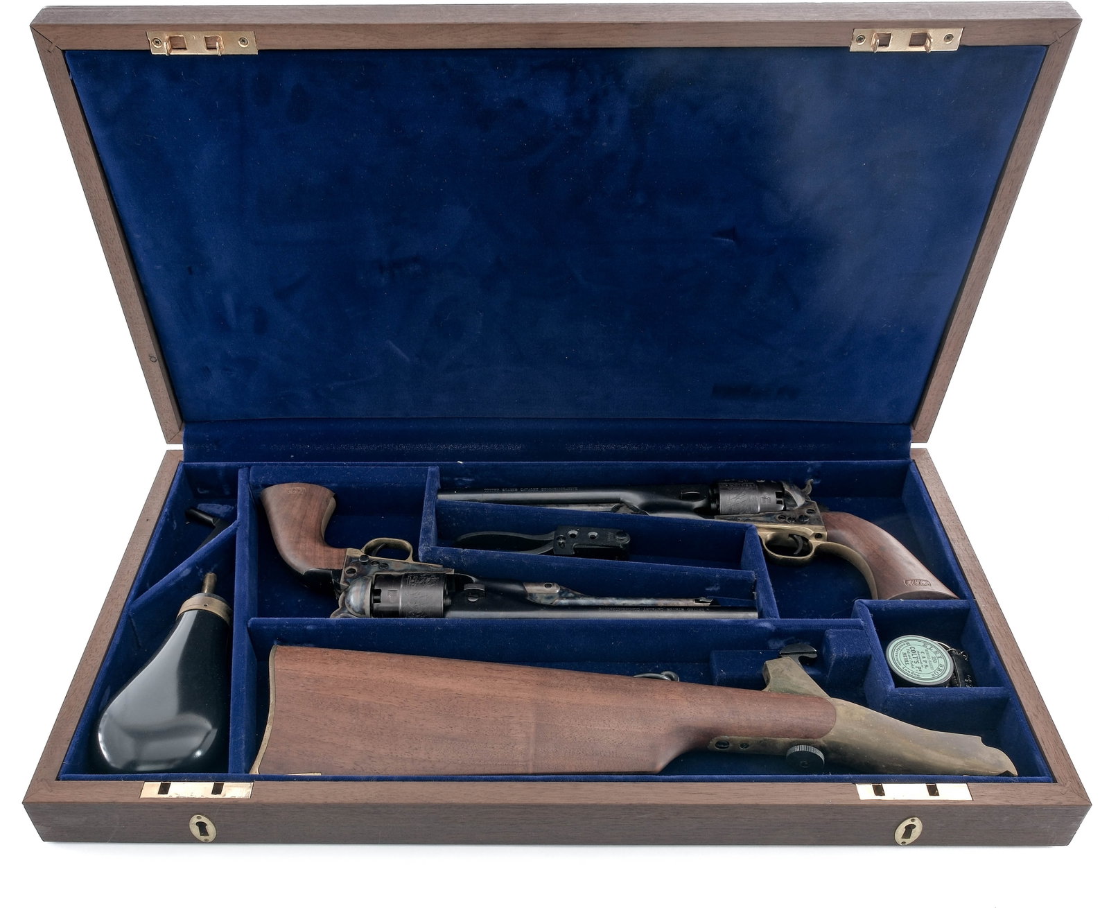 Cased Colt Set US Calvary Commem .44 BP Revolvers: Description Cased Calvary Commemorative Set of Colt 1860 Army Revolvers chambered in .44 caliber percussion with six-shot cylinder and 8" barrels. Both revolvers have blued barrels, engraved cylinders