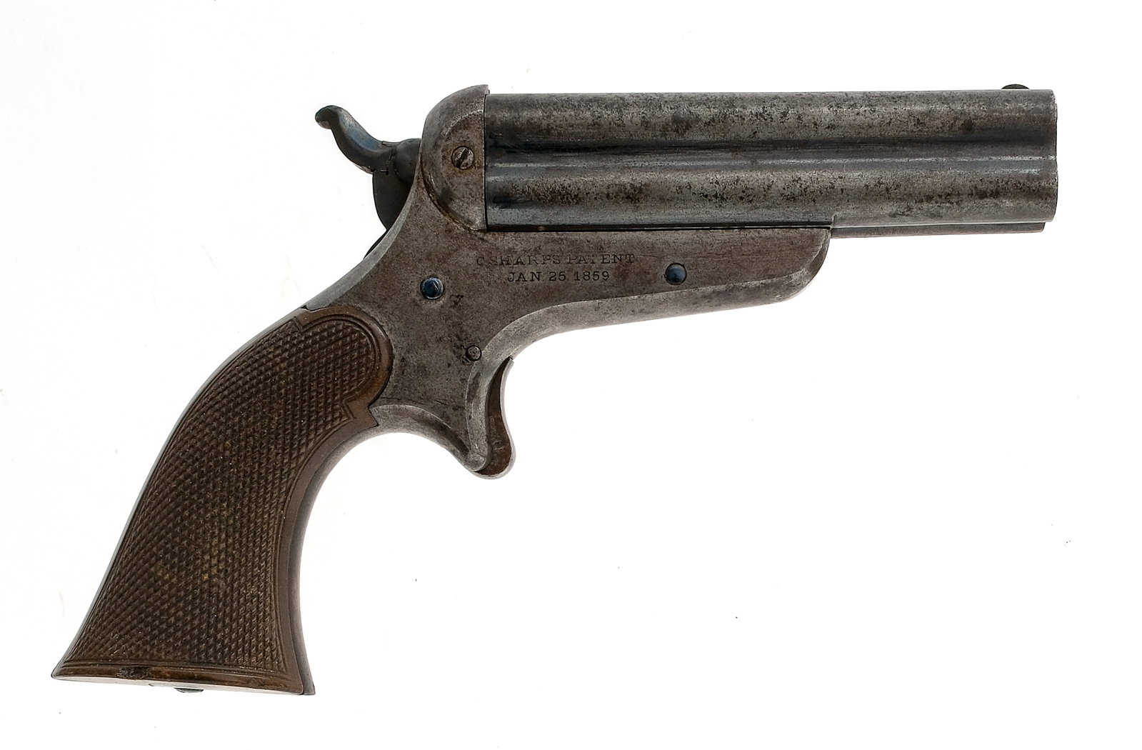 Sharps & Hankins 3rd Model Pepperbox .32 Pistol: Description Sharps & Hankins 3rd Model Breech-Loading Pepperbox in .32 caliber Rimfire with a four round capacity and a 3.5" quad barrel. Checkered composite grip plates. Finish worn frame, solid trig