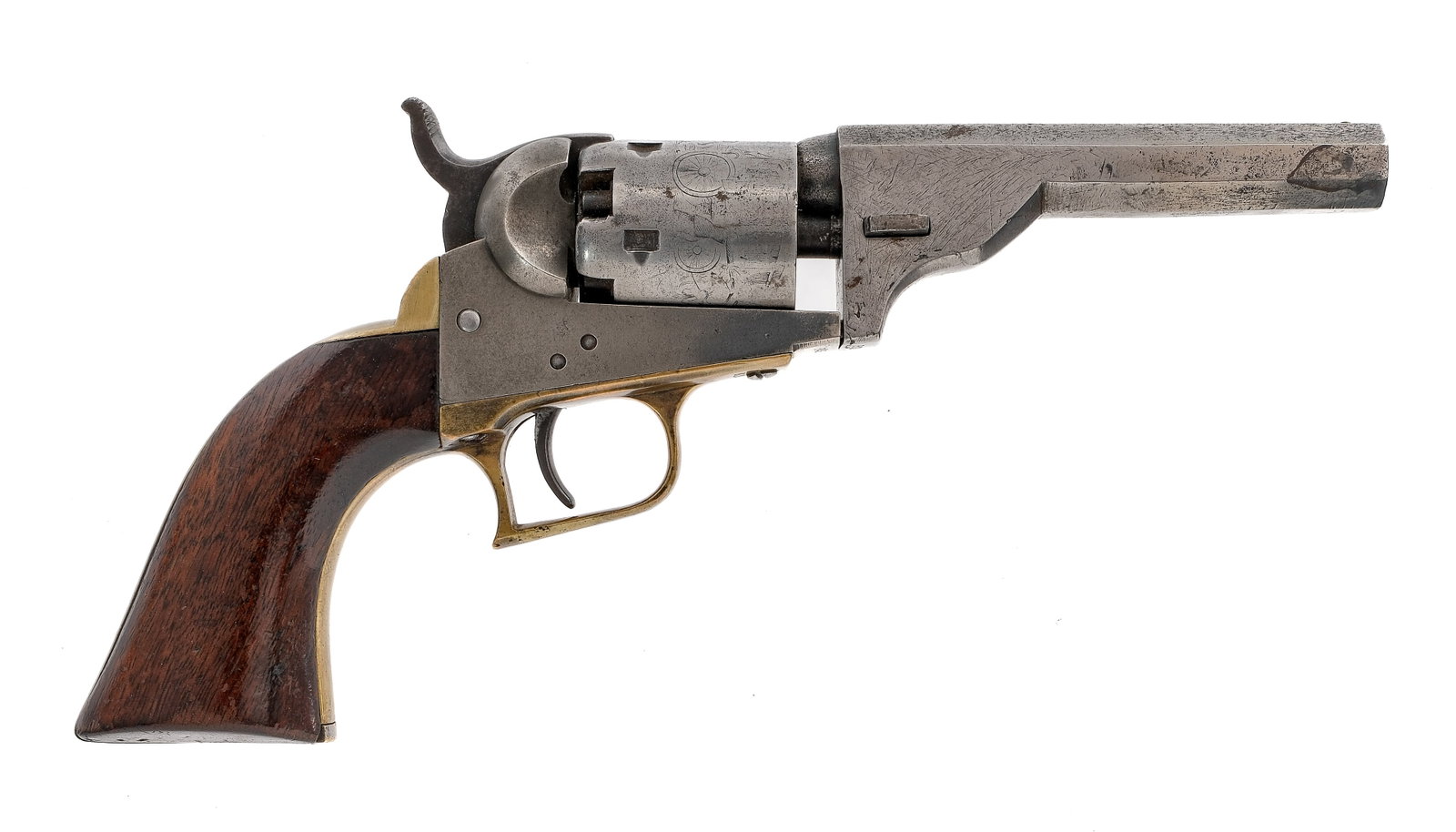 Colt 1848 Baby Dragoon .31 SA Revolver: Description Colt Model 1848 Baby Dragoon in .31 caliber with a five round capacity and a 4" octagon barrel. Smooth wood grip plates. Brass trigger guard and backstrap. Finish worn trigger, frame, cyli