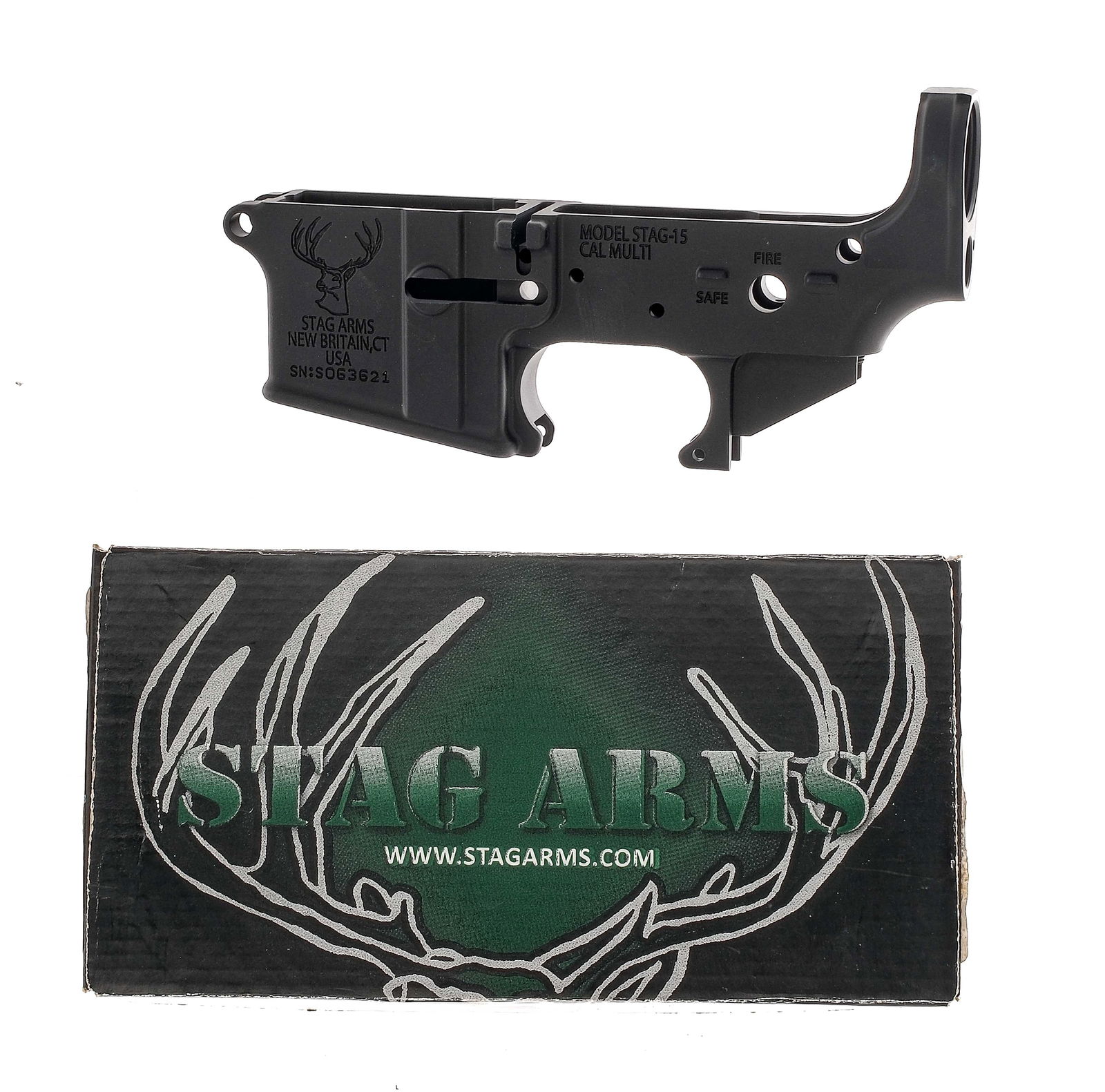 Stag Arms Stag-15 Stripped Lower Multi Cal: Description Stag Arms Stag-15 Stripped Lower Receiver, multicaliber for 5.56, .223, and .300 AAC Blackout. Forged aluminum with black anodized finish. Comes in its factory box. Must ship to a FFL hold