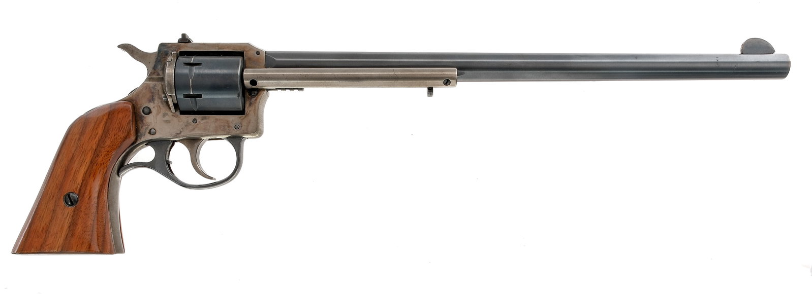 H&R 676 Buntline .22 Long Rifle Revolver: Description Harrington & Richardson model 676 Buntline chambered in .22 long rifle with a six-shot cylinder and a 12" barrel. Blued barrel and unfluted cylinder. In the white case colored frame, doubl