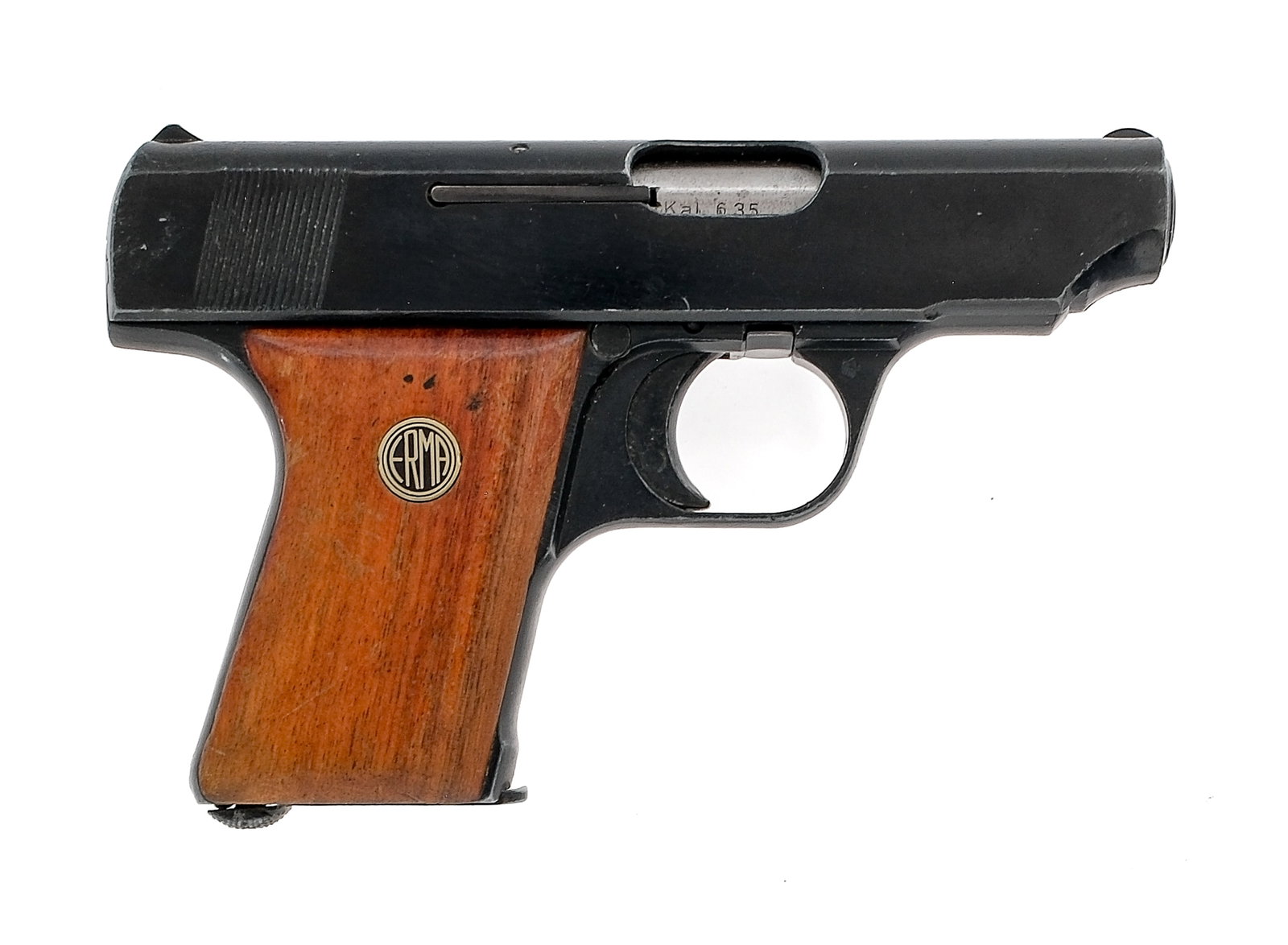 Erma Werke EP-25 .25 ACP Semi Auto Pistol: Description Erma Werke Model EP-25 in 6.35mm which is .25 caliber with one, seven round removable magazine and a 3" barrel. Made in Germany. Smooth wood grip plates. Black finished solid trigger, fram