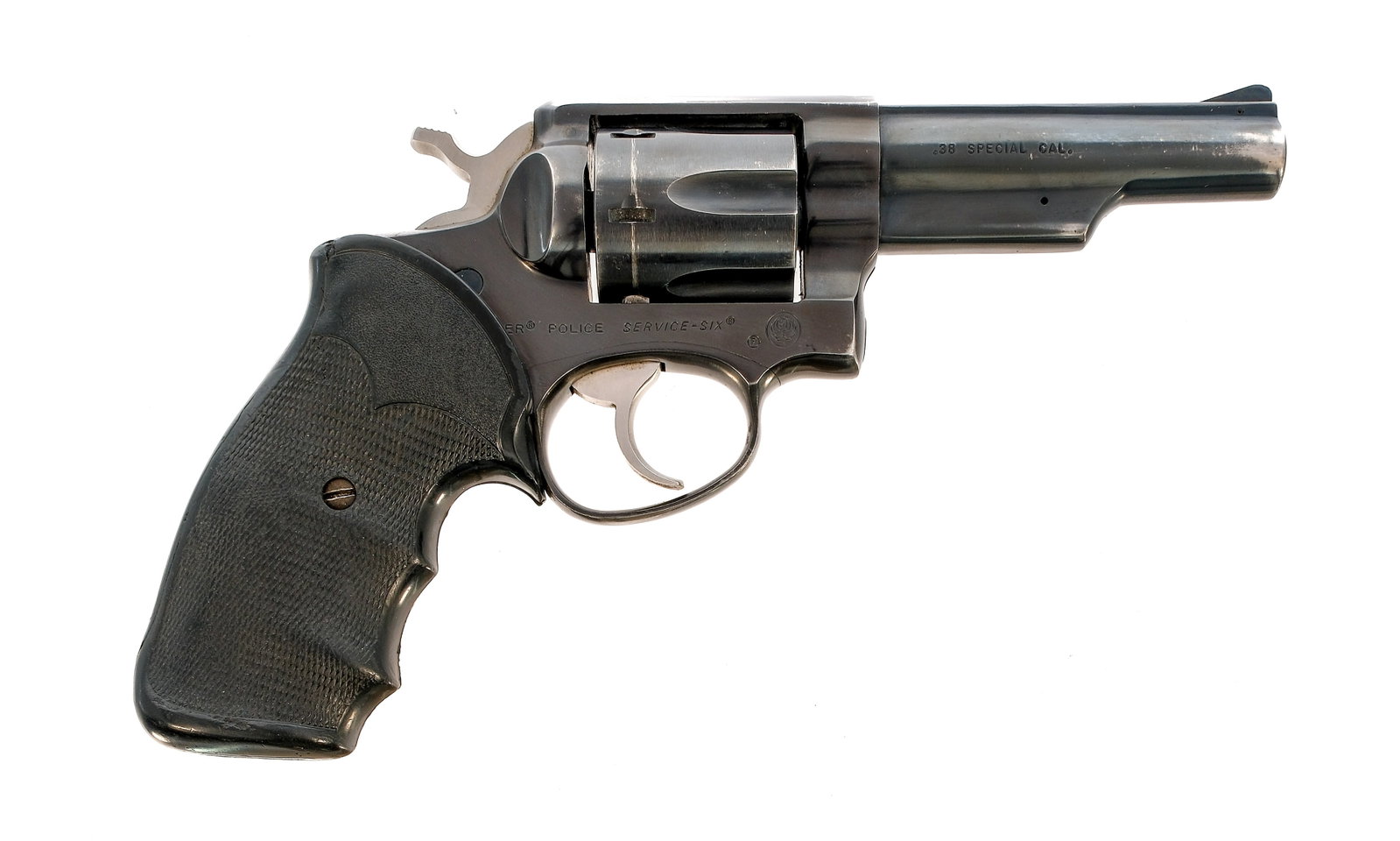 Ruger Police Service Six .38 Spl Revolver: Description Ruger Police Service Six in .38 Special with a six round capacity and a 4" barrel. Checkered rubber Pachmayr grips. Blued frame, cylinder and barrel. Unfinished trigger and checkered hamme