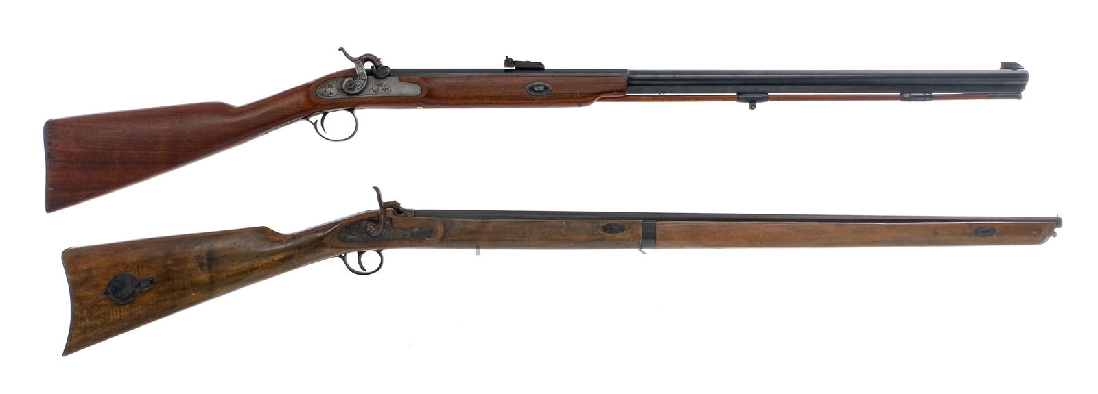 Estate Long Gun Lot 2 Pcs BP Rifles: Description Estate lot with two black powder rifles. EIG Eibar Spain in 9mm with a single round capacity and a 30.5" octagon barrel. Metal butt plate Smooth full length wood stock. Blued trigger and b