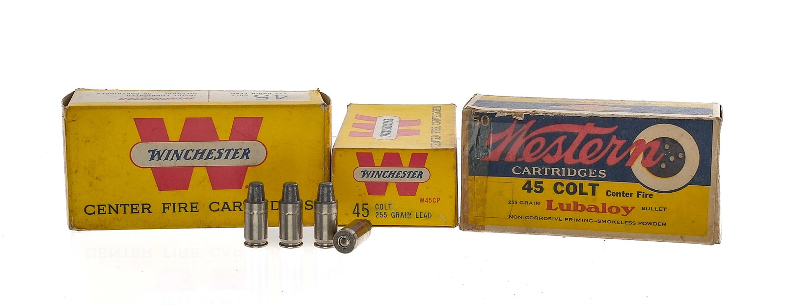 Vintage Winchester Western .45 Colt Ammo 139 Rds: Description This lot is for three boxes of Winchester Western Division .45 Colt ammunition, totaling 139 rounds. Two of the boxes are Winchester 255 grain led wad cutters, both boxes have 50 rounds. T