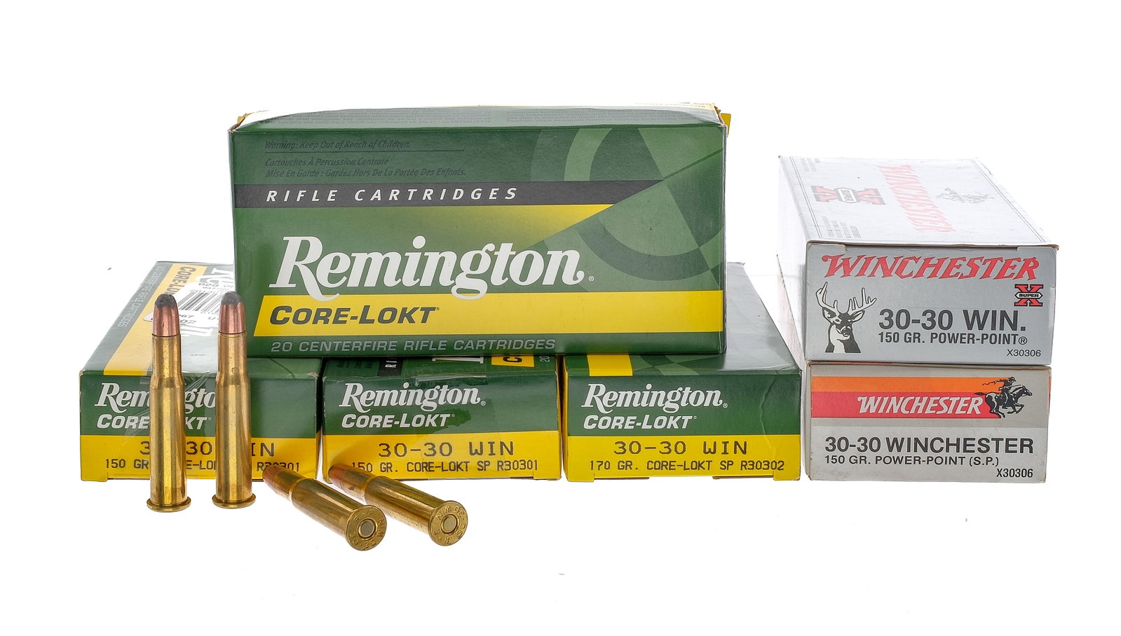 Remington/Winchester .30-30 Ammunition 120 Rds: Description This lot is for six, 20 round boxes of 30-30 Winchester totaling 120 rounds. First is four boxes of Remington Core-Lokt 150 grain soft point rounds. One box of Winchester Super-X CXP2 150 