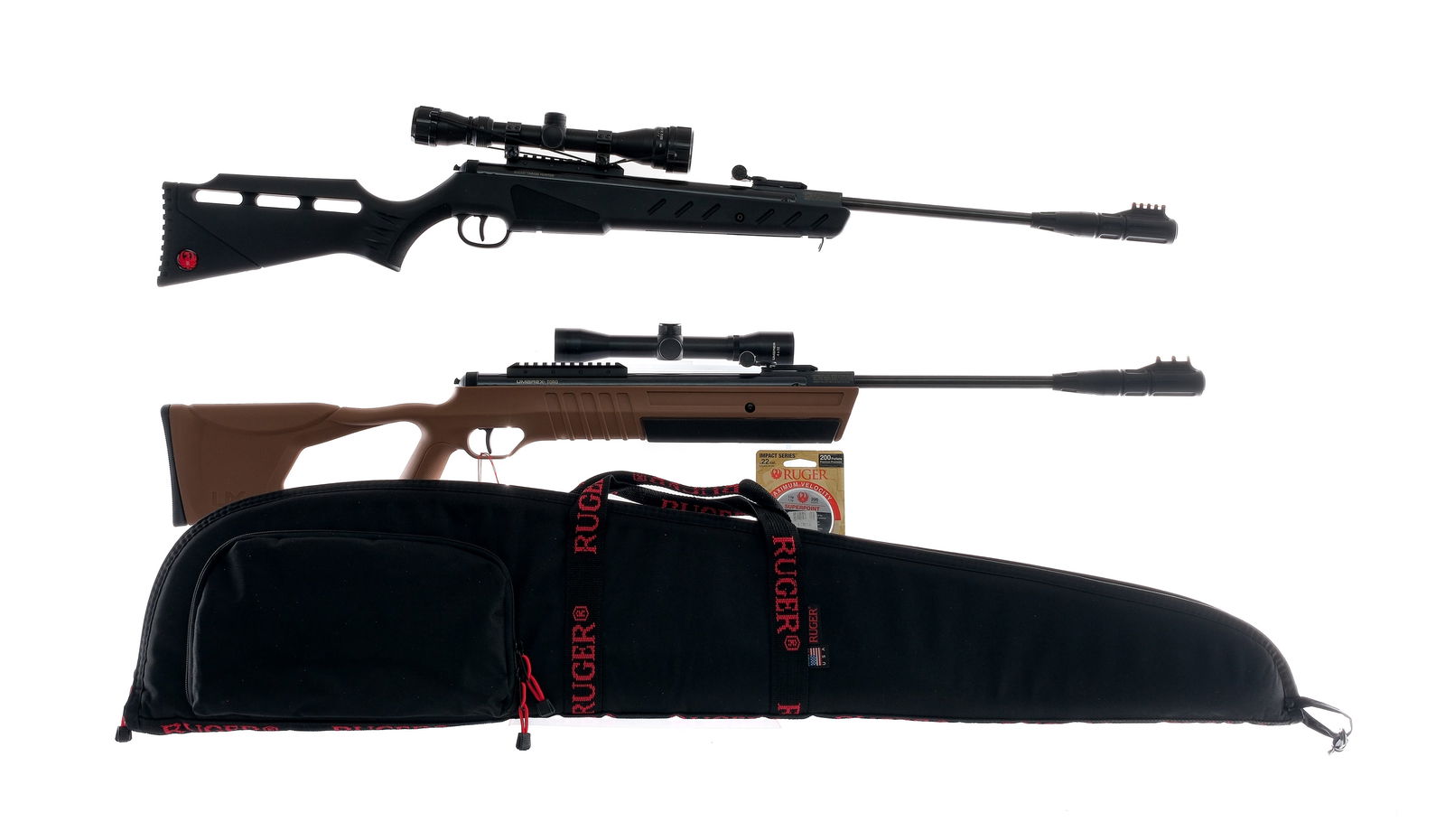 Airgun .22 Lot 2 Pcs Pistols: Description Estate lot with two air rifles. Ruger Targis Hunter in .22 caliber (5.5mm) with a single round capacity and a 19" barrel. Black composite stock and front forend. Blued trigger, receiver an