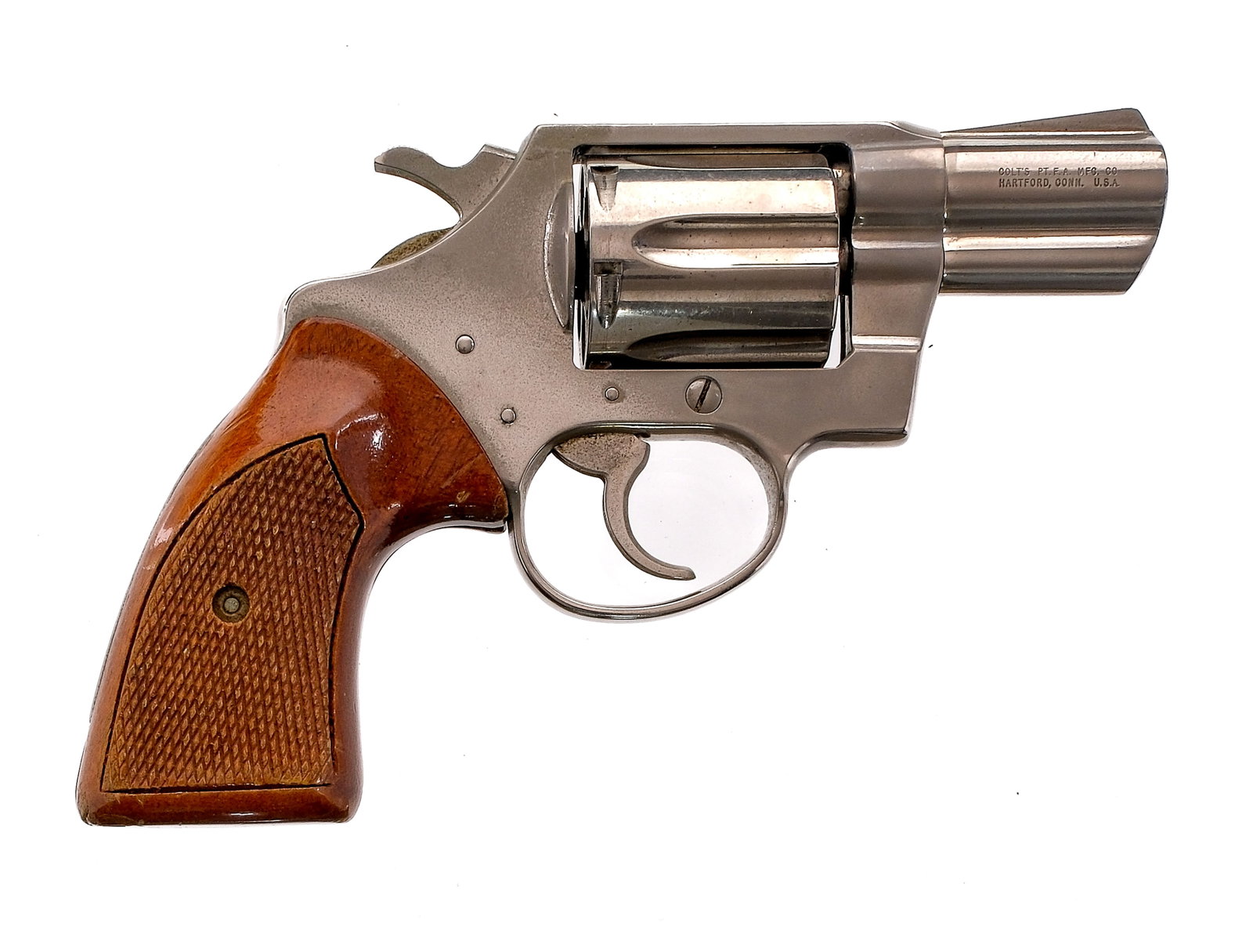 Colt Cobra Nickel .38 Special Revolver Parts Only: Description Colt Cobra chambered in .38 special with a six-shot cylinder and a 2" snub nose barrel. Manufactured in 1972 with serial number B97049. Nickel finished barrel, aluminum frame, fluted cylin